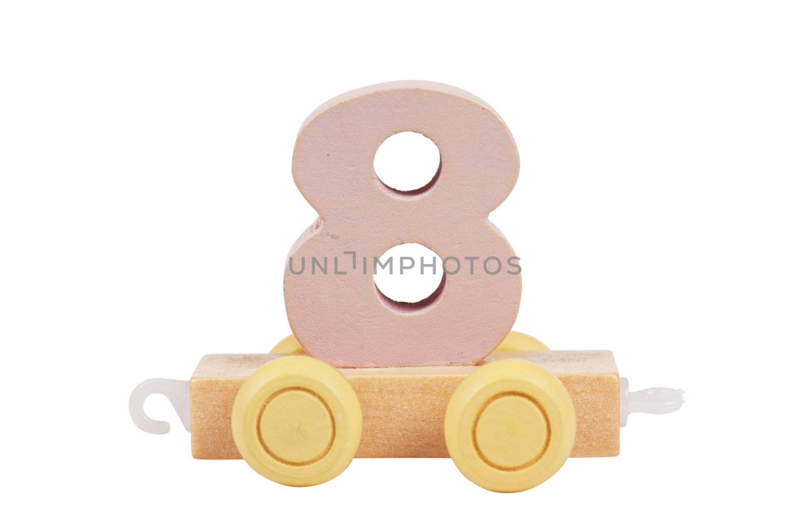 Wooden toy on a wheels number 8 isolated over white