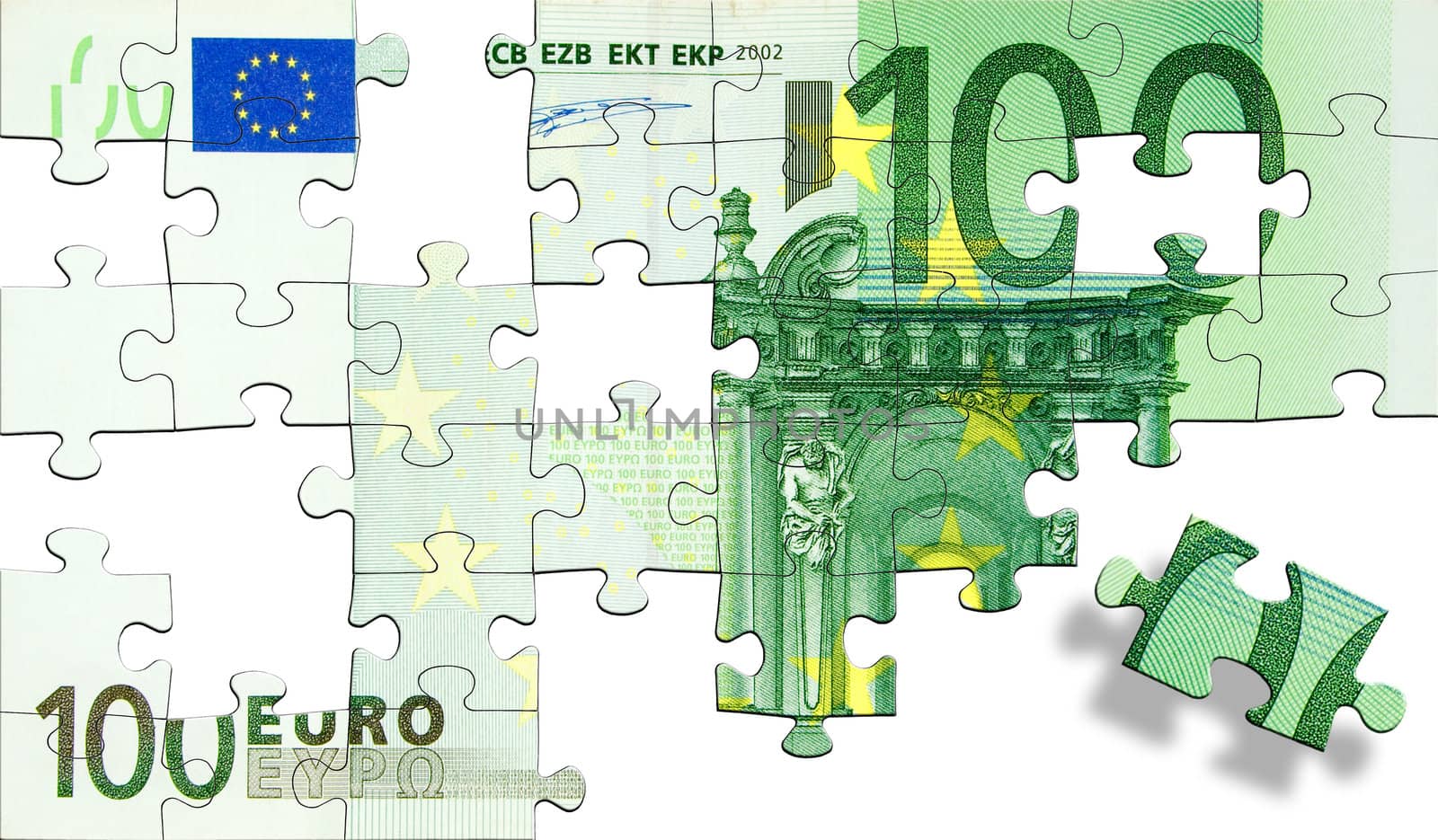 Jigsaw pieces forming a green one hundred Euro banknote. Isolated on a white background.
