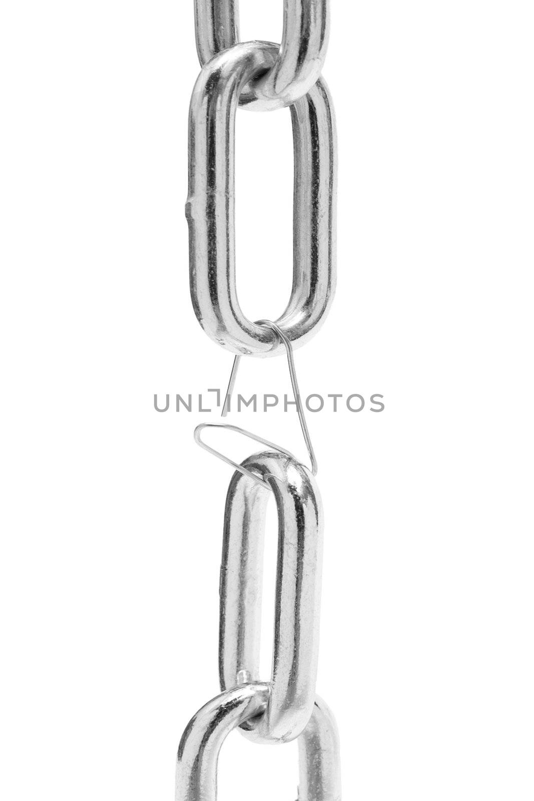 Chain links held by a paper clip. Isolated on a white background.
