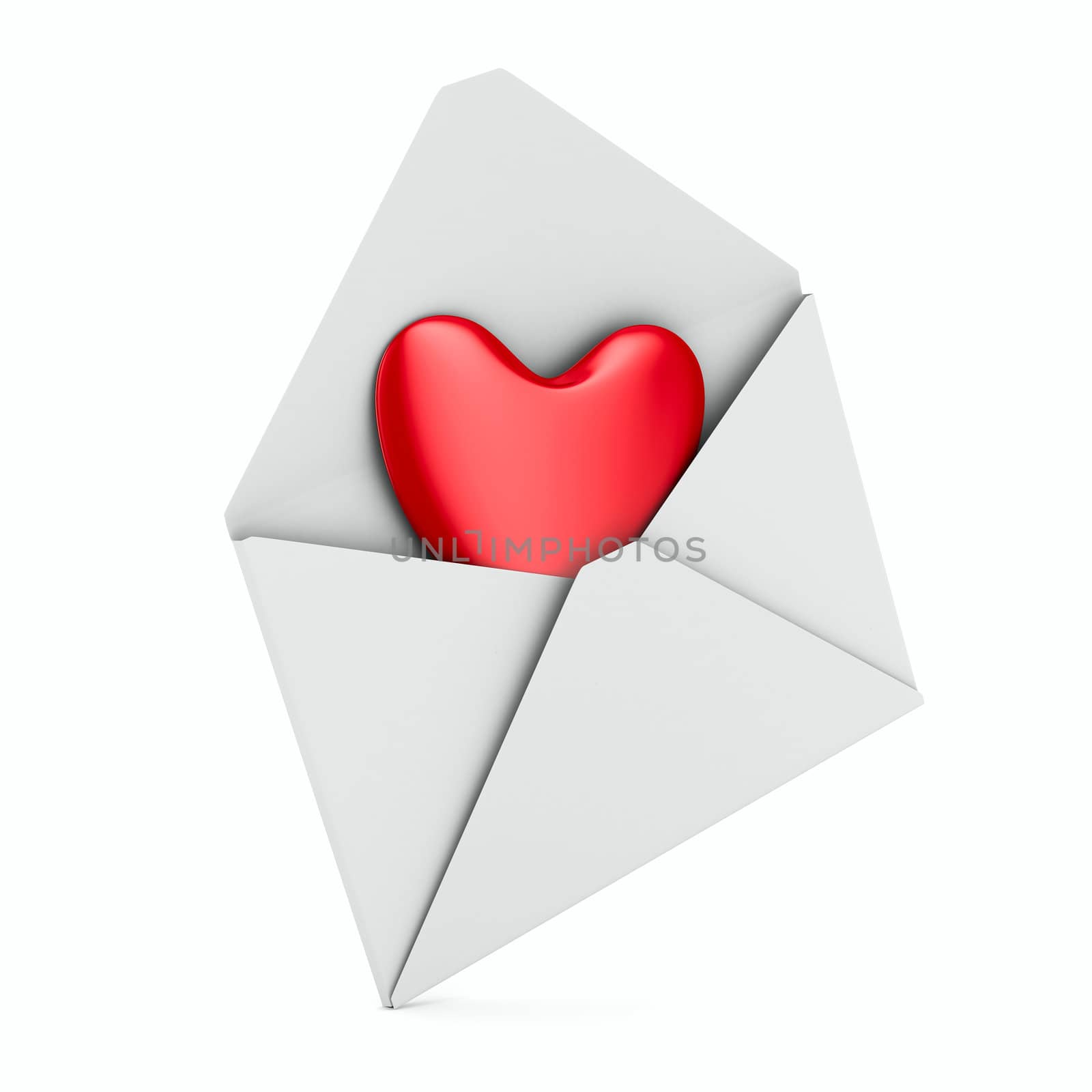 heart into envelope on white background. Isolated 3D image