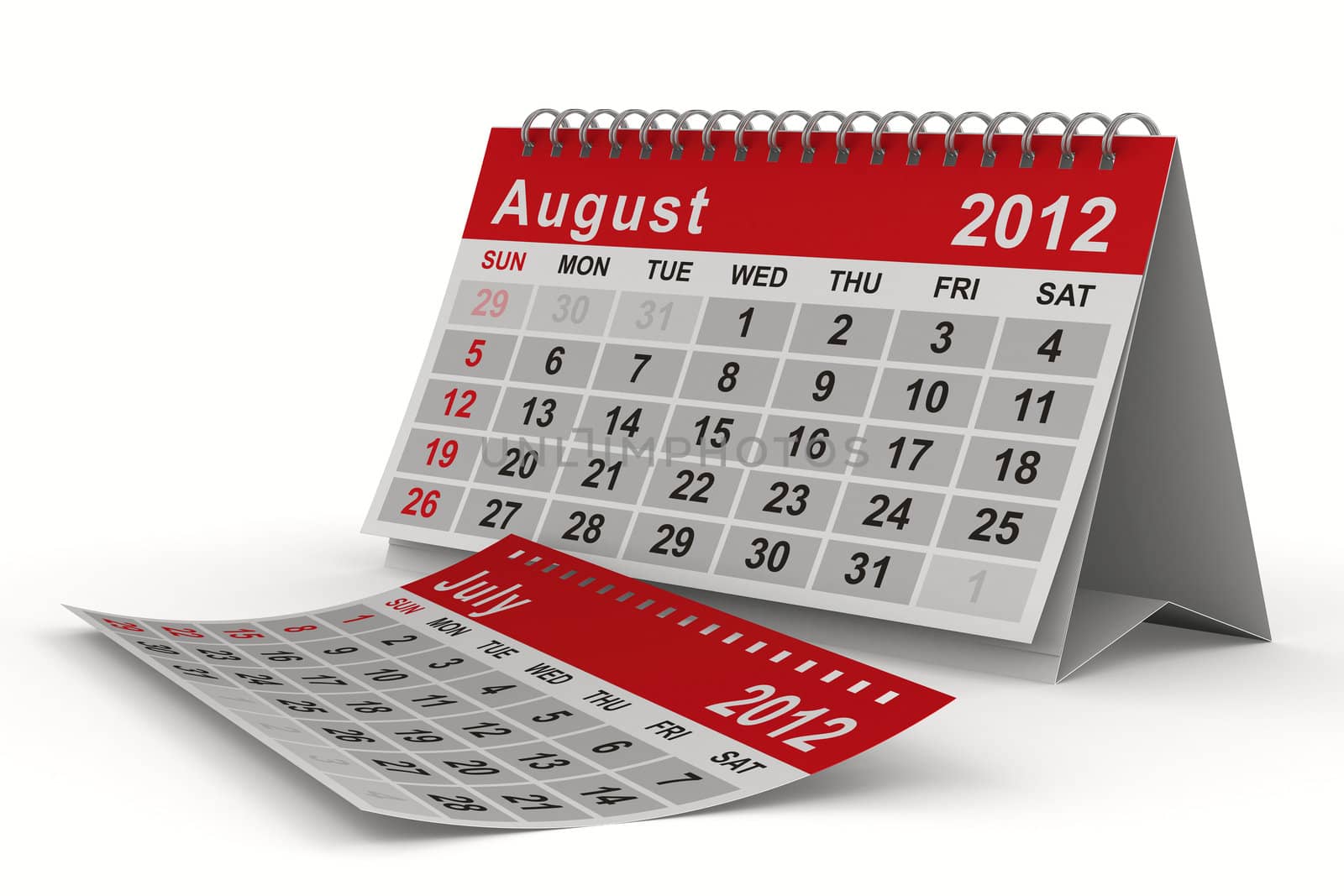 2012 year calendar. August. Isolated 3D image