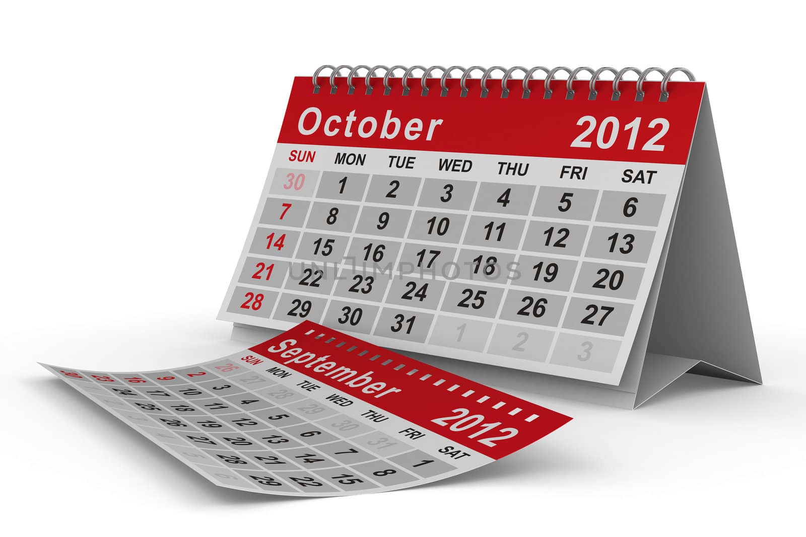 2012 year calendar. October. Isolated 3D image