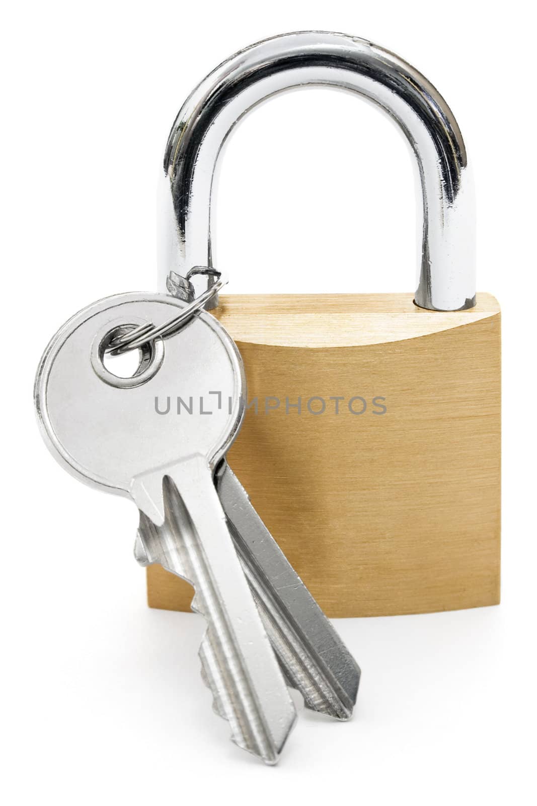 Two keys attached to a common padlock.