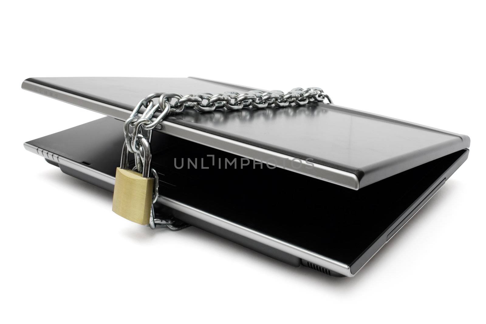 Secured laptop isolated on a white background.