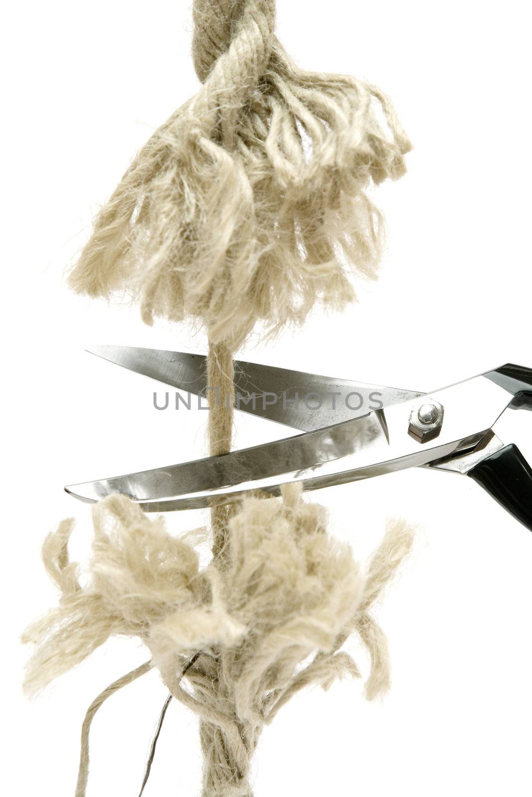 Pair of scissors cutting a piece of rope. Isolated on a white background.