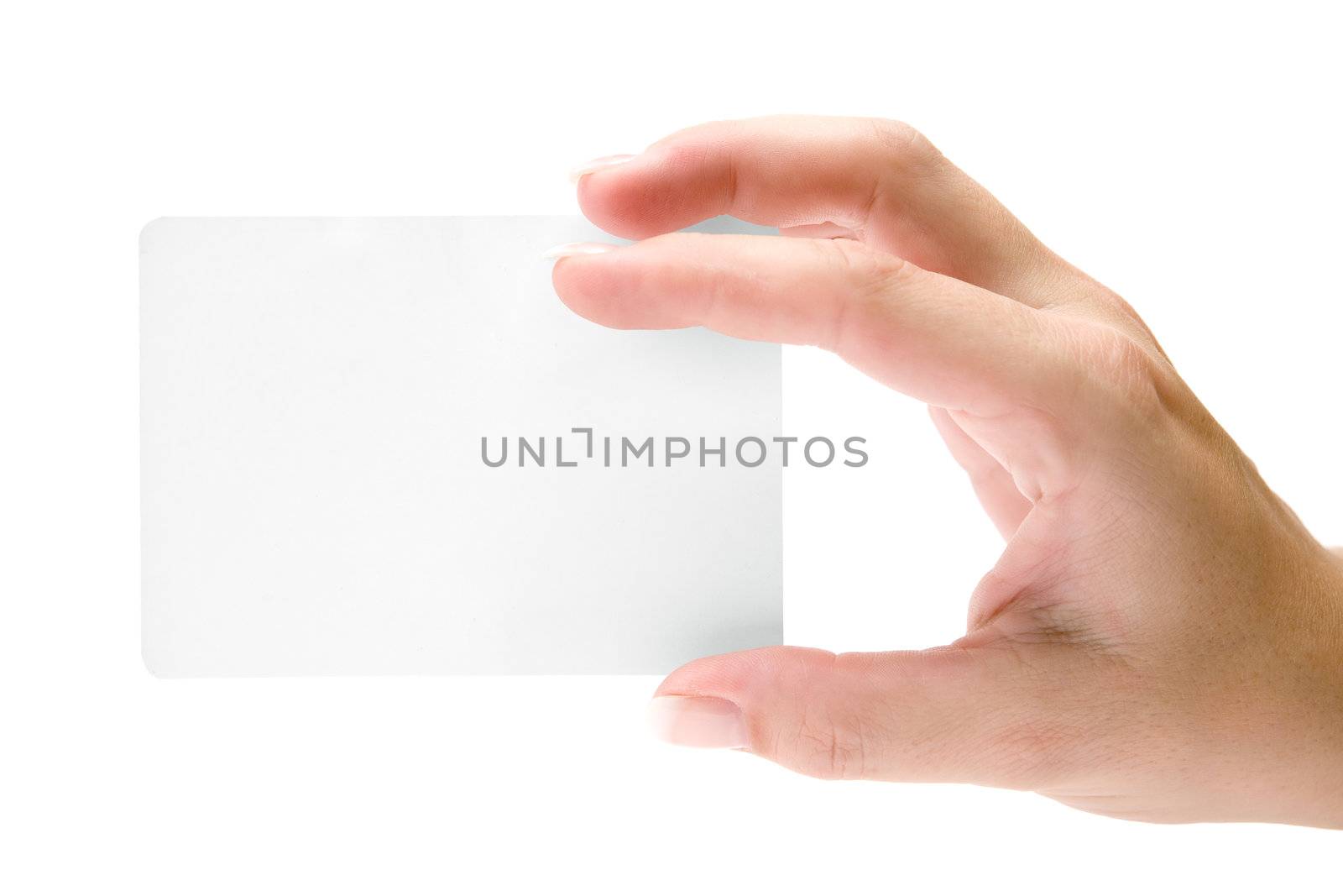 Female hand holding a blank card. Isolated on a white background.