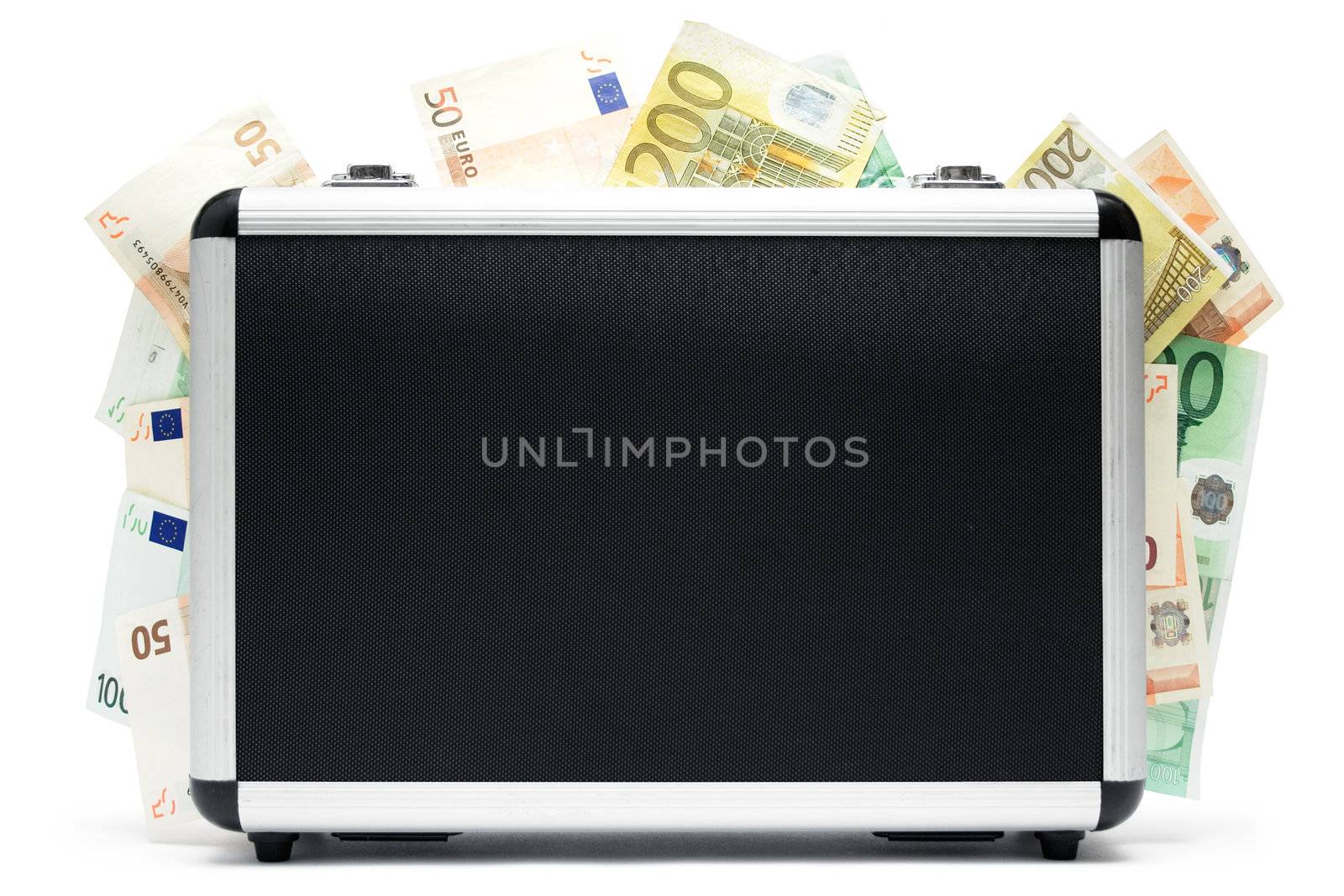 Standing money case full of banknotes. Isolated on a white background.