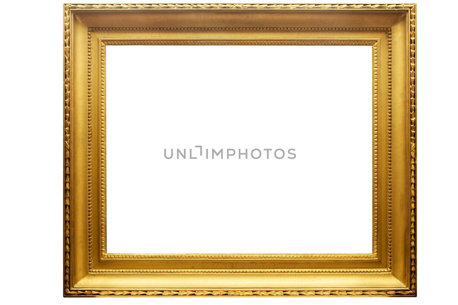 Empty golden picture frame isolated on white. File contains clipping path.