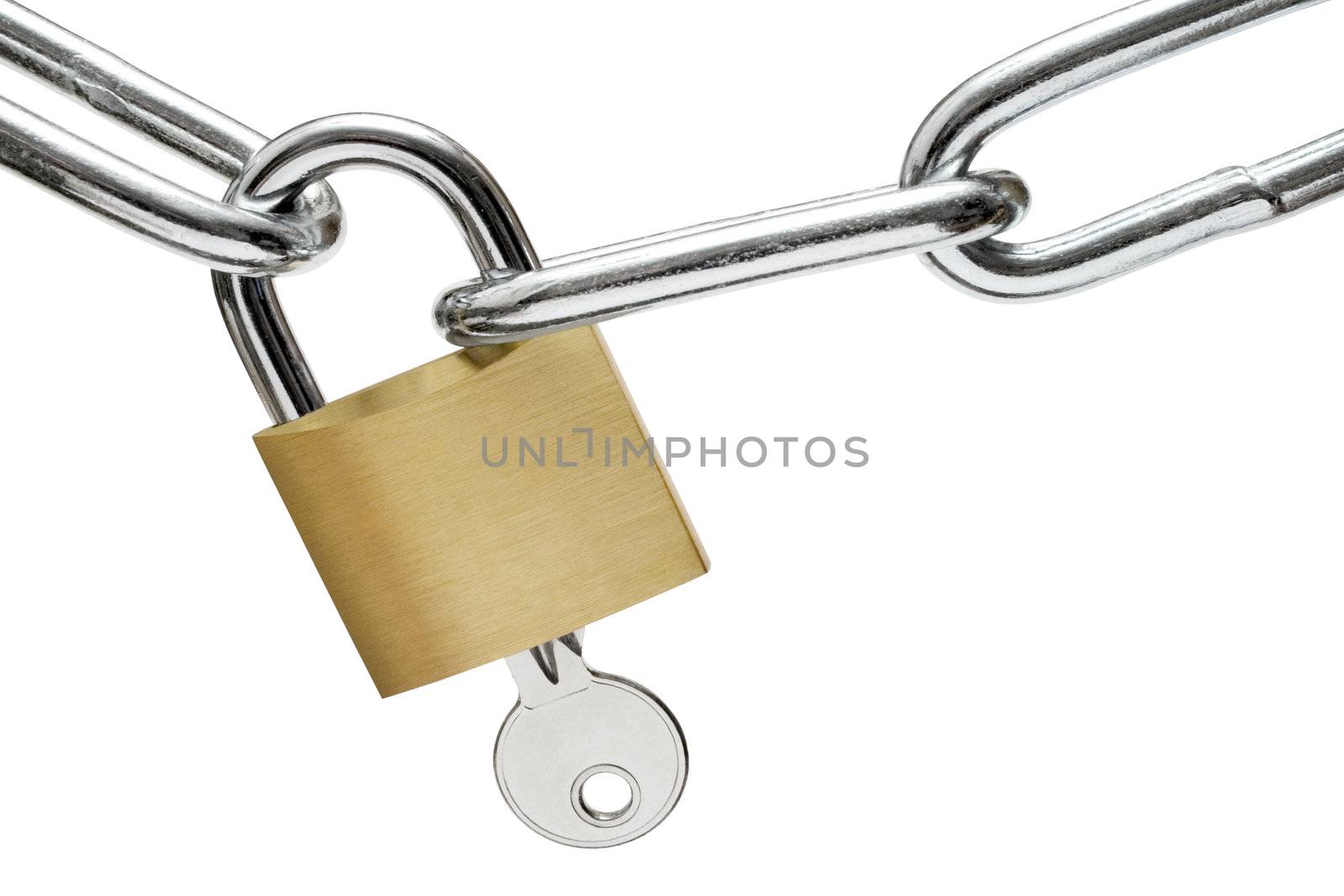 Common padlock with key and metal chain links isolated on a white background.
