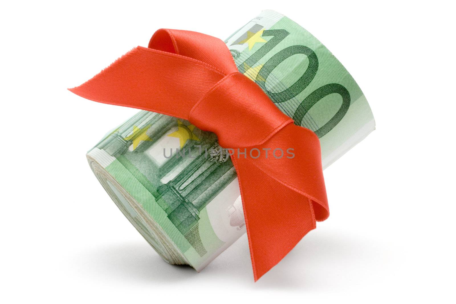 One hundred Euro banknotes with a red ribbon isolated on a white background.