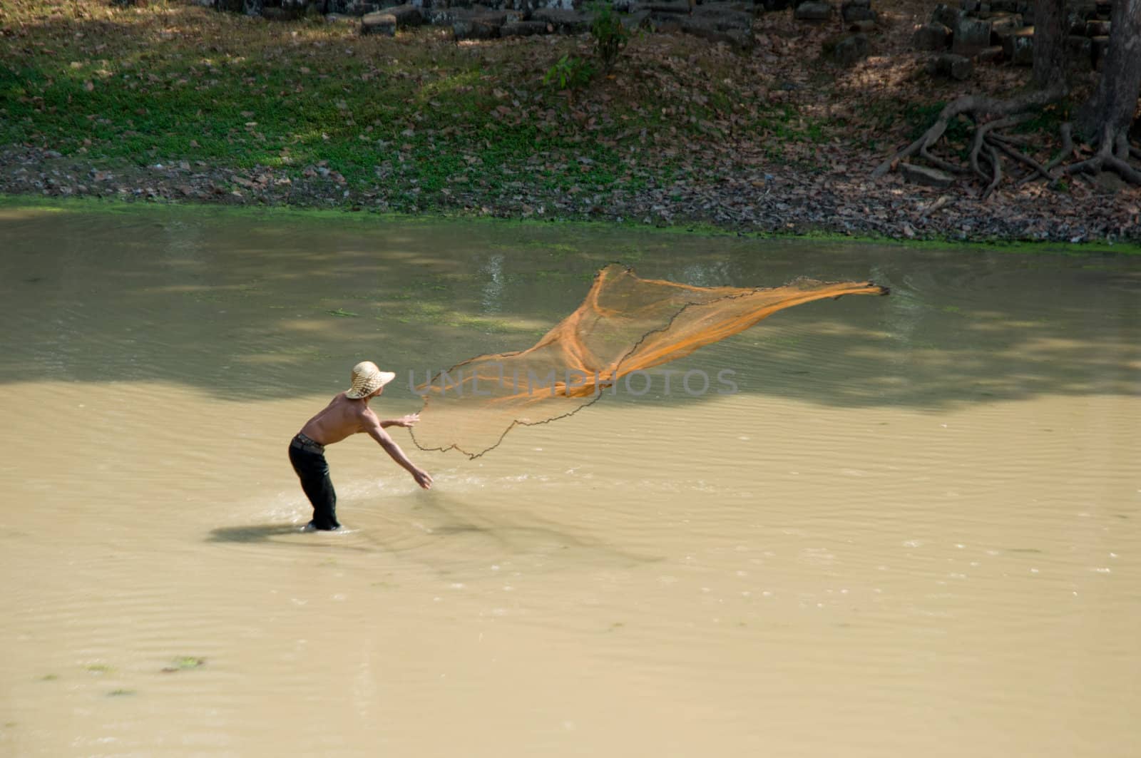 fisherman is using fishnet to find fish in Cambodia