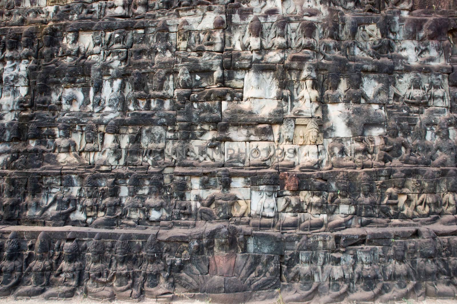 the old rilievo wall in ancient temple, Cambodia