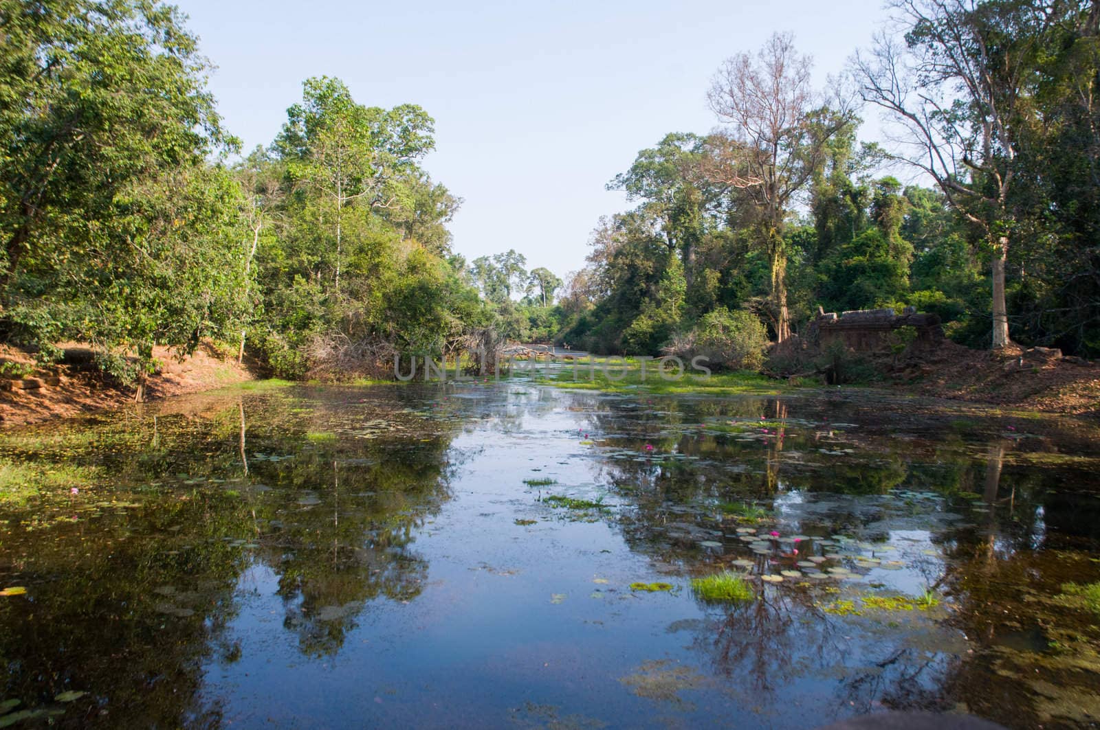 a river in front of Phnom Bakheng in Cambodia