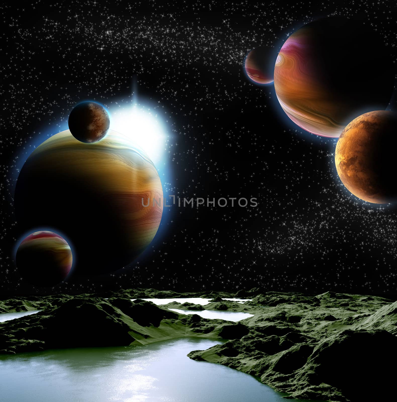 Abstract image of a planet with water. Find new sources and technologies. The future of travel to distant planets.