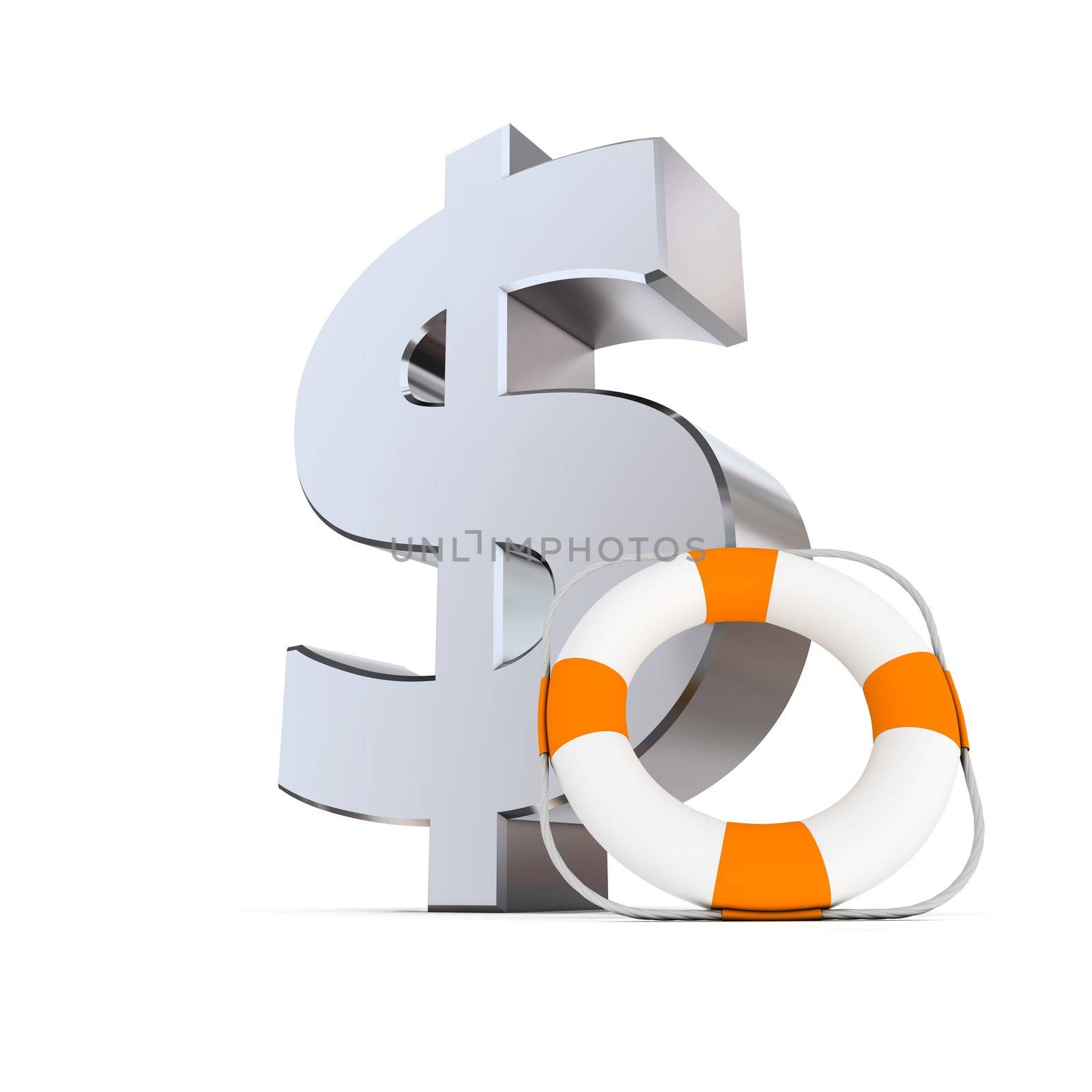 white and orange lifebelt leans on a shiny metallic US-Dollar currency symbol