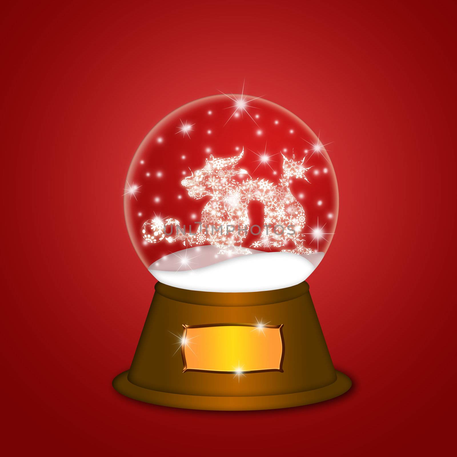 Water Snow Globe with Chinese Dragon and Ball Illustration on Red Background