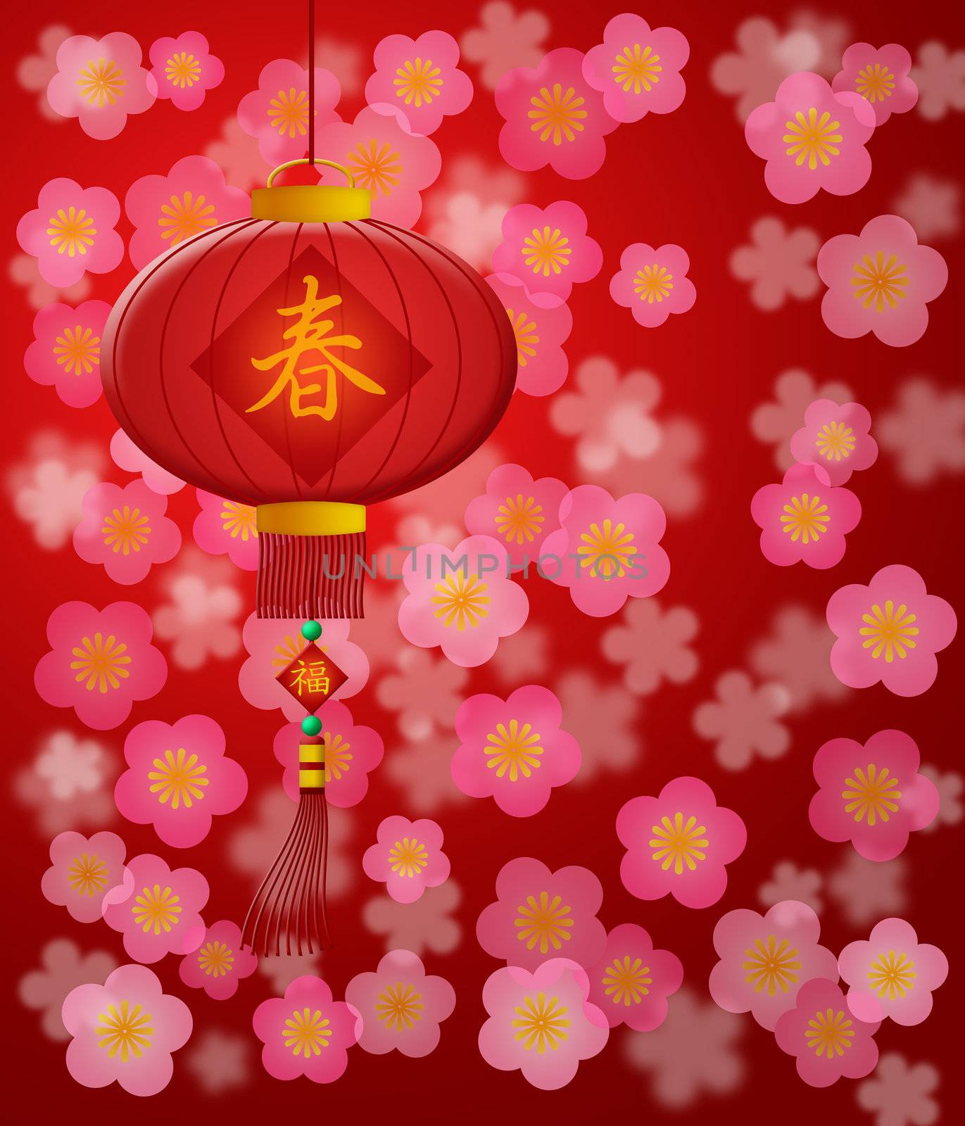 Chinese New Year Lantern with Cherry Blossom Red Background by jpldesigns