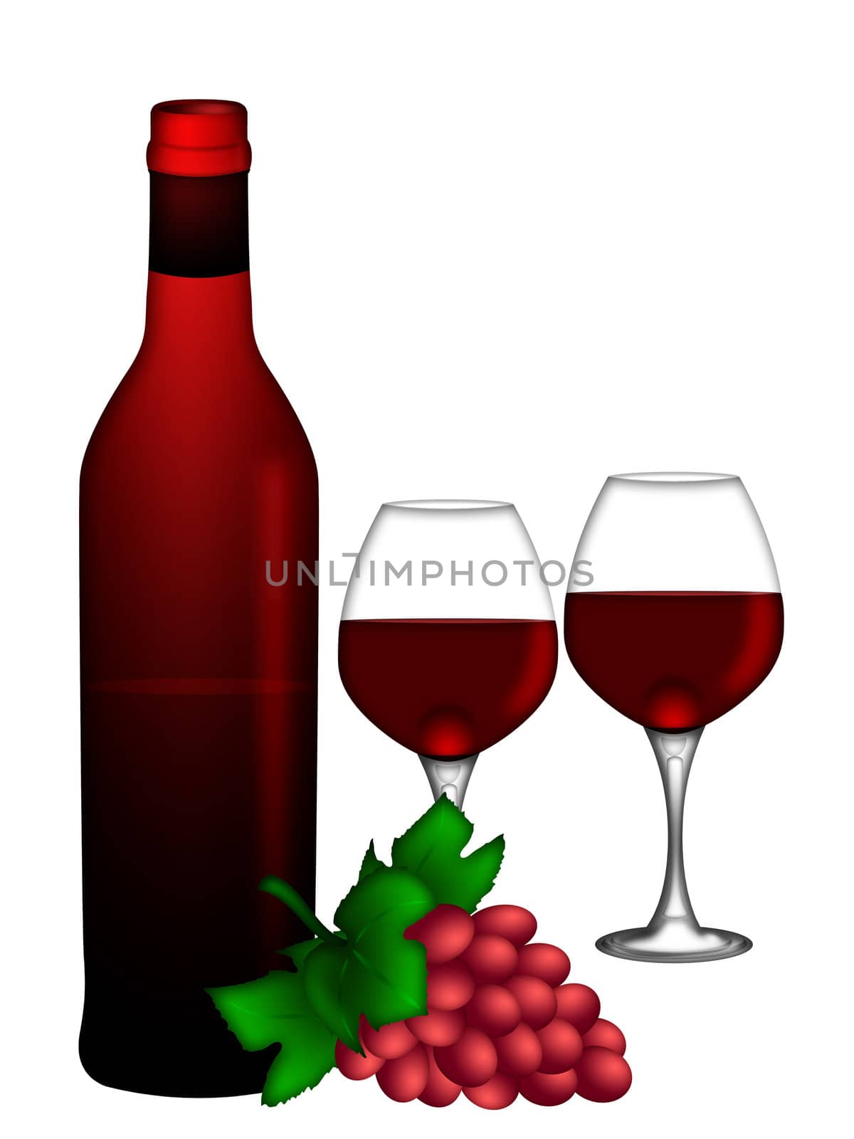 Bottle of Red Wine with Two Wine Glasses and Bunch of Grapes Isolated on White Background Illustration