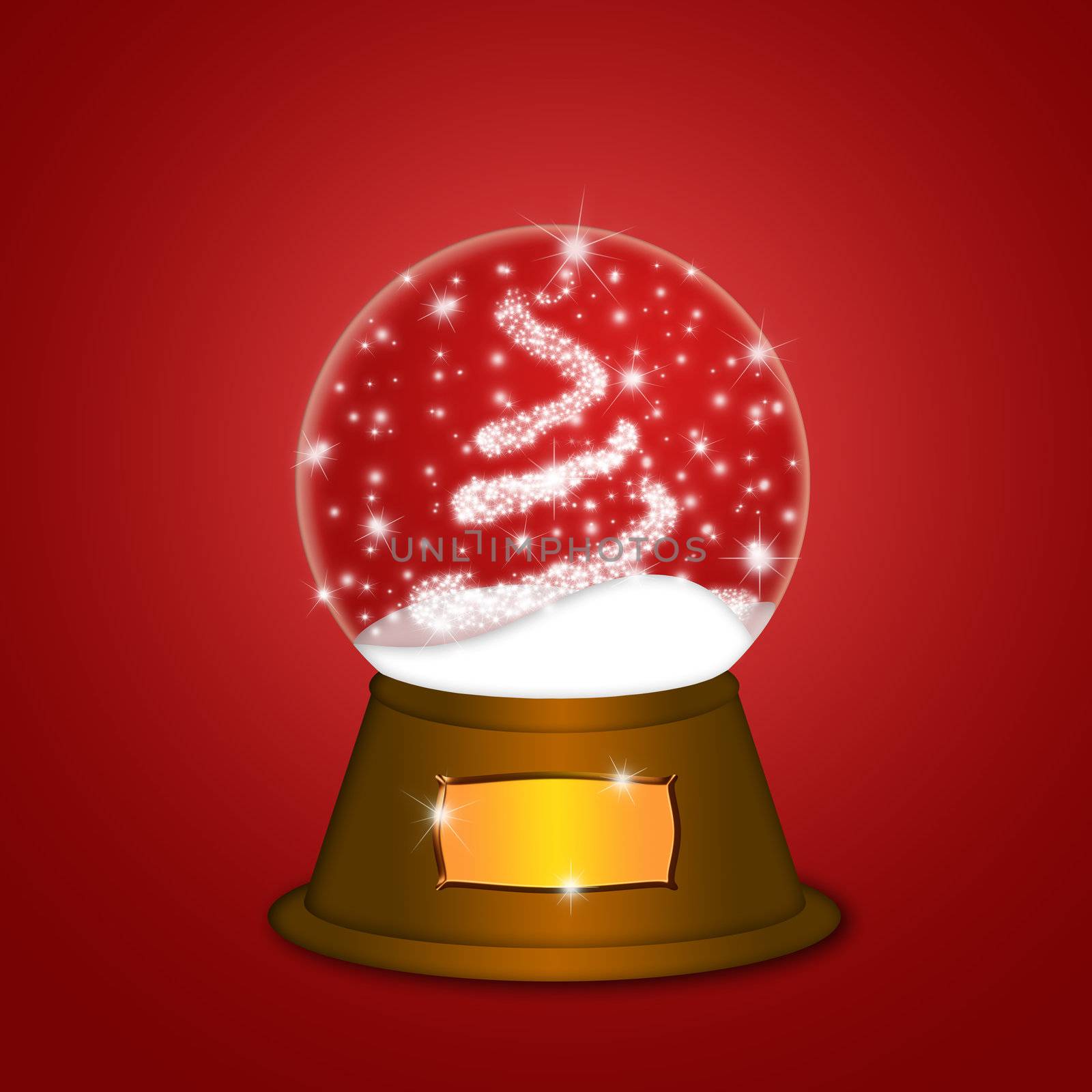 Christmas Water Snow Globe with Christmas Tree Sparkles and Snowflakes Illustration on Red Background