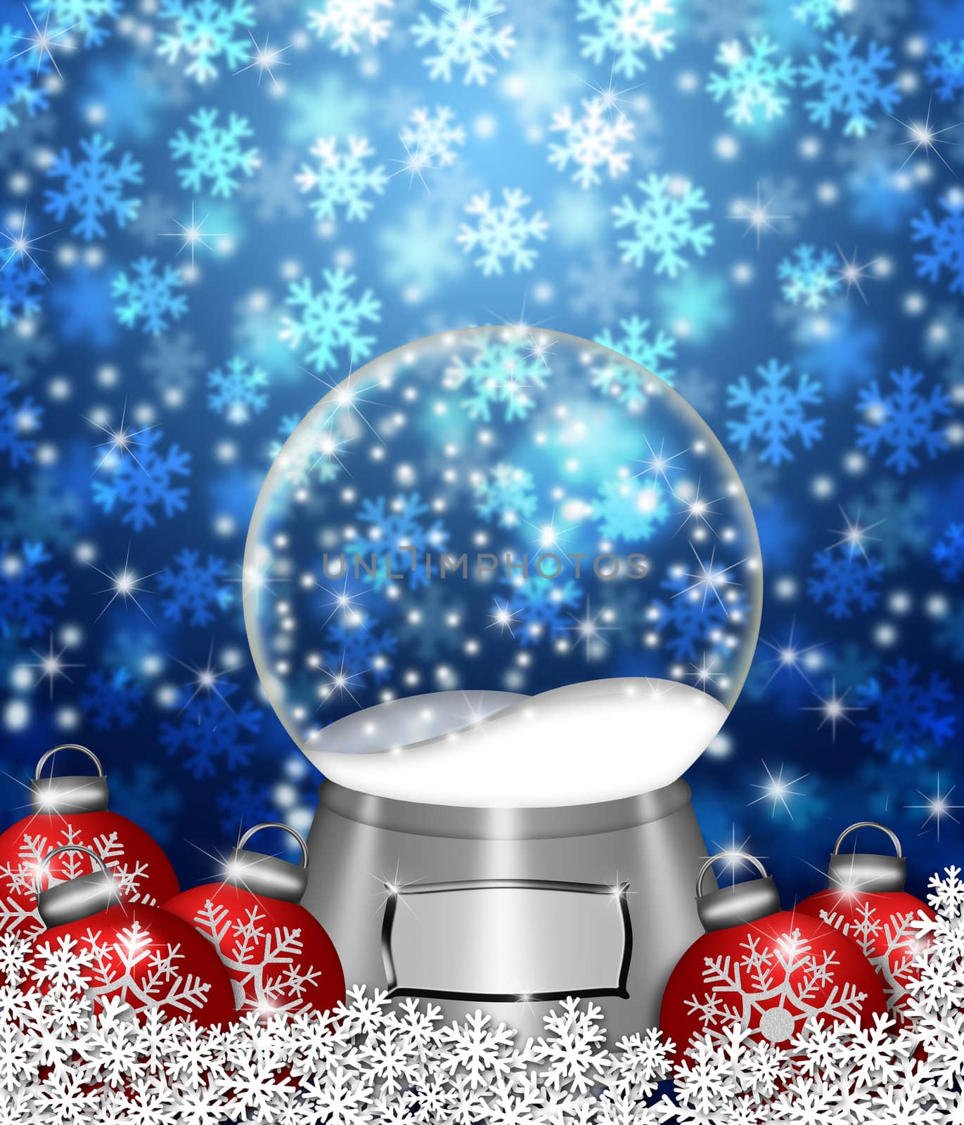 Water Snow Globes Blank Snowflakes and Christmas Tree Ornaments Illustration on Blue Background