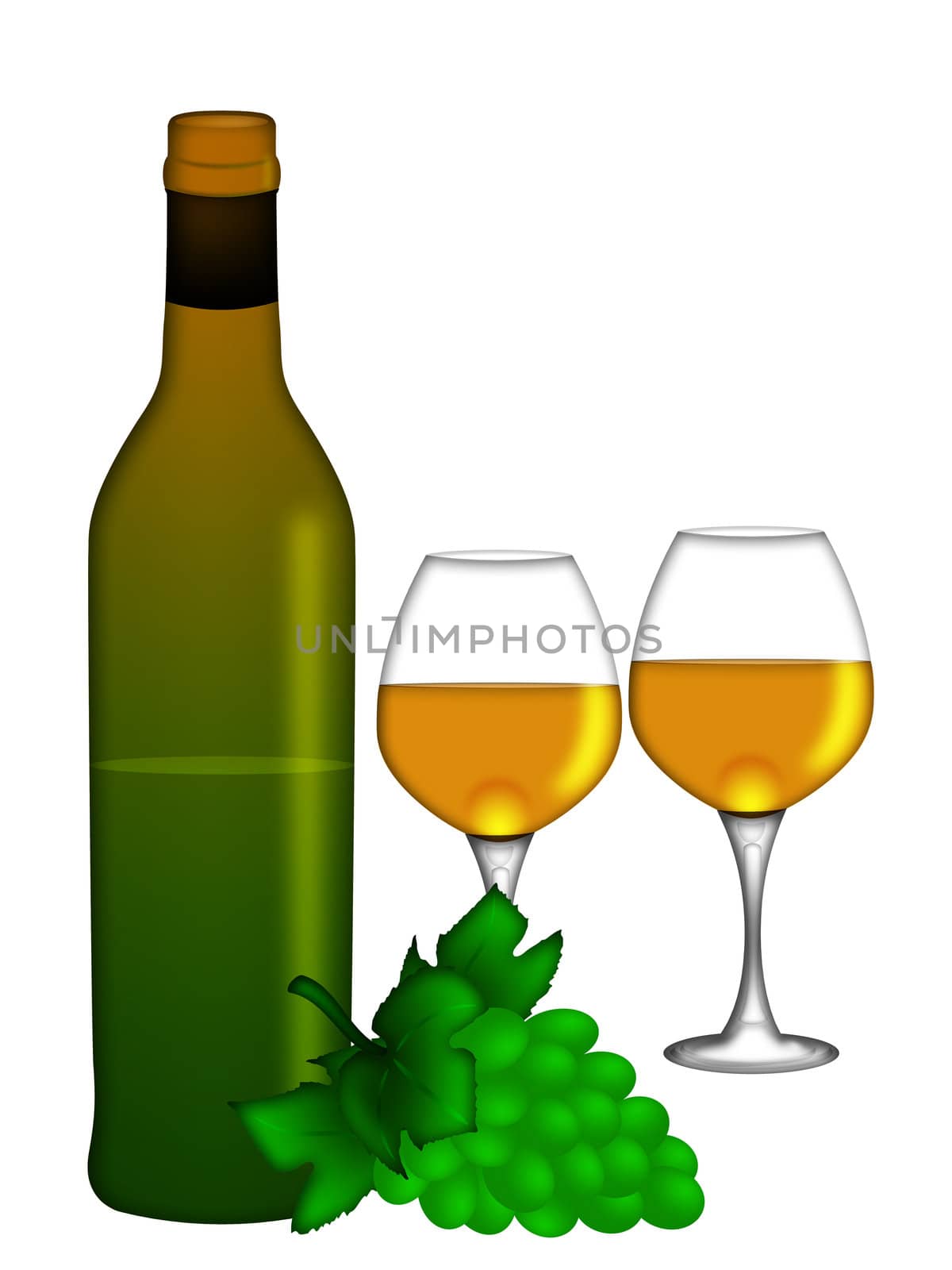 Bottle of White Wine with Two Wine Glasses and Bunch of Grapes Isolated on White Background Illustration