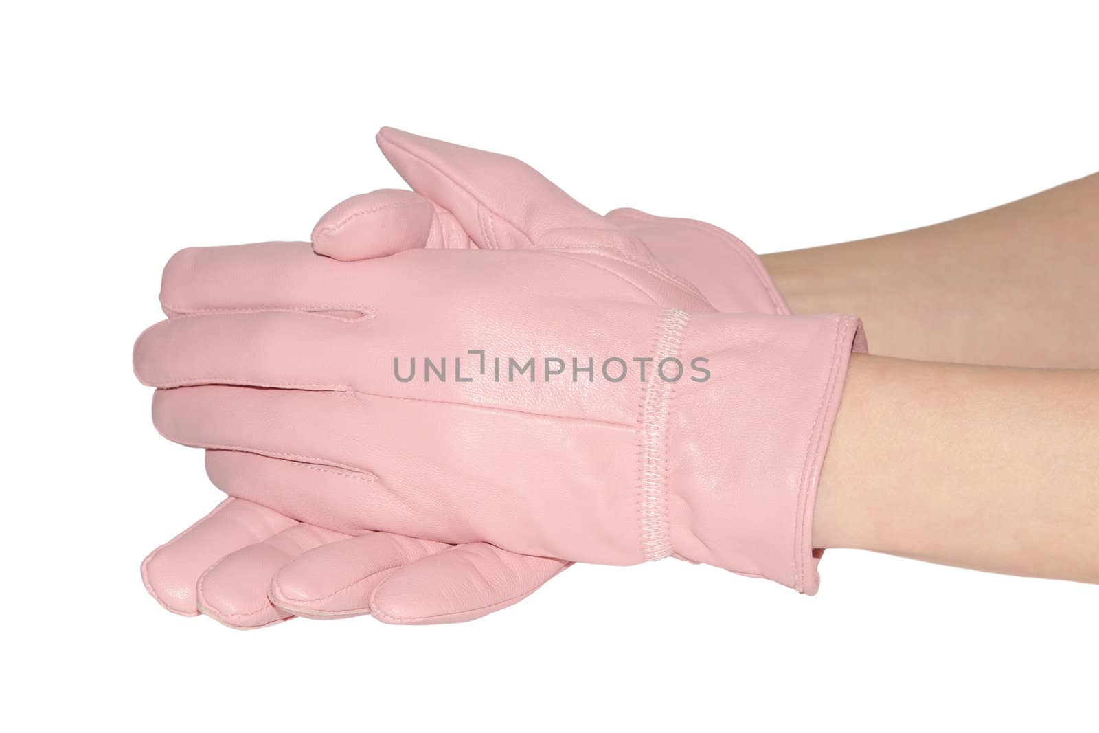 Elegant pink gloves on graceful hands isolated on white