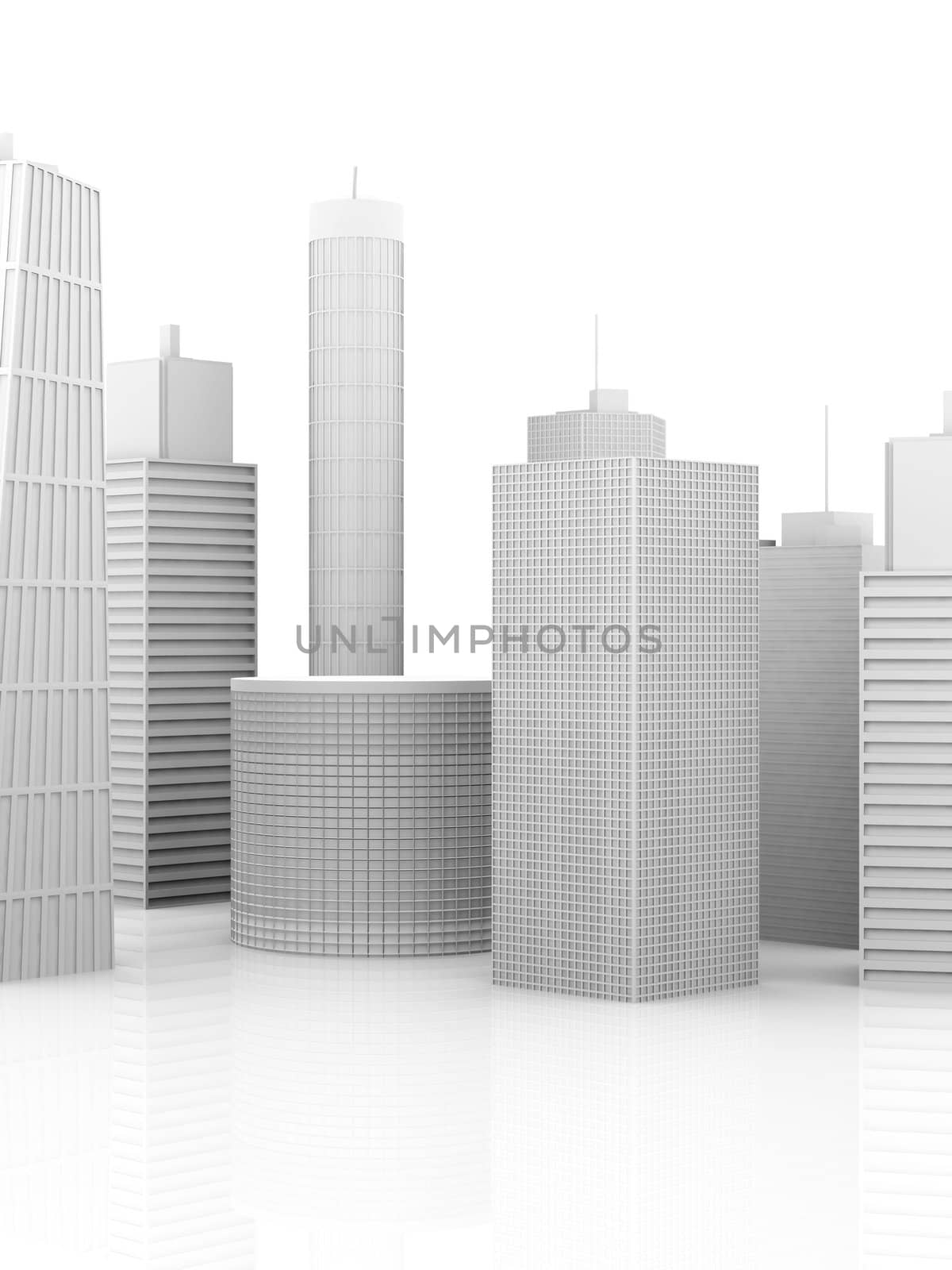 A symbolic city Illustration. 3D render. Skyscrapers isolated on white.