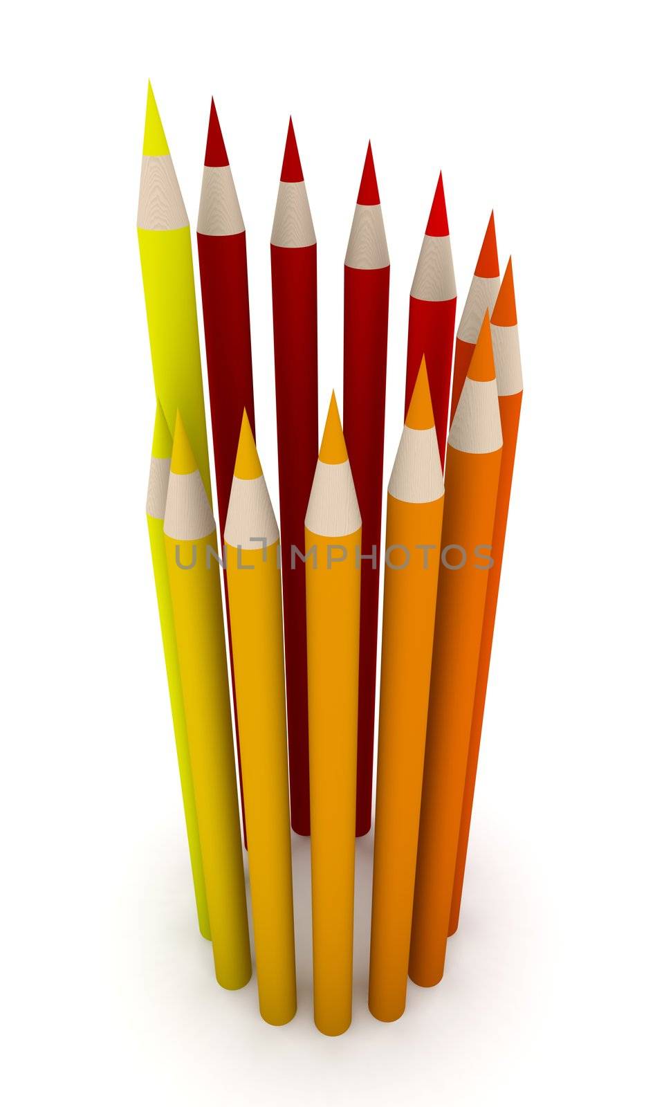 Red Crayons standing in a Circle. Symbolic for the red Color spectrum. 3D rendered Illustration.
