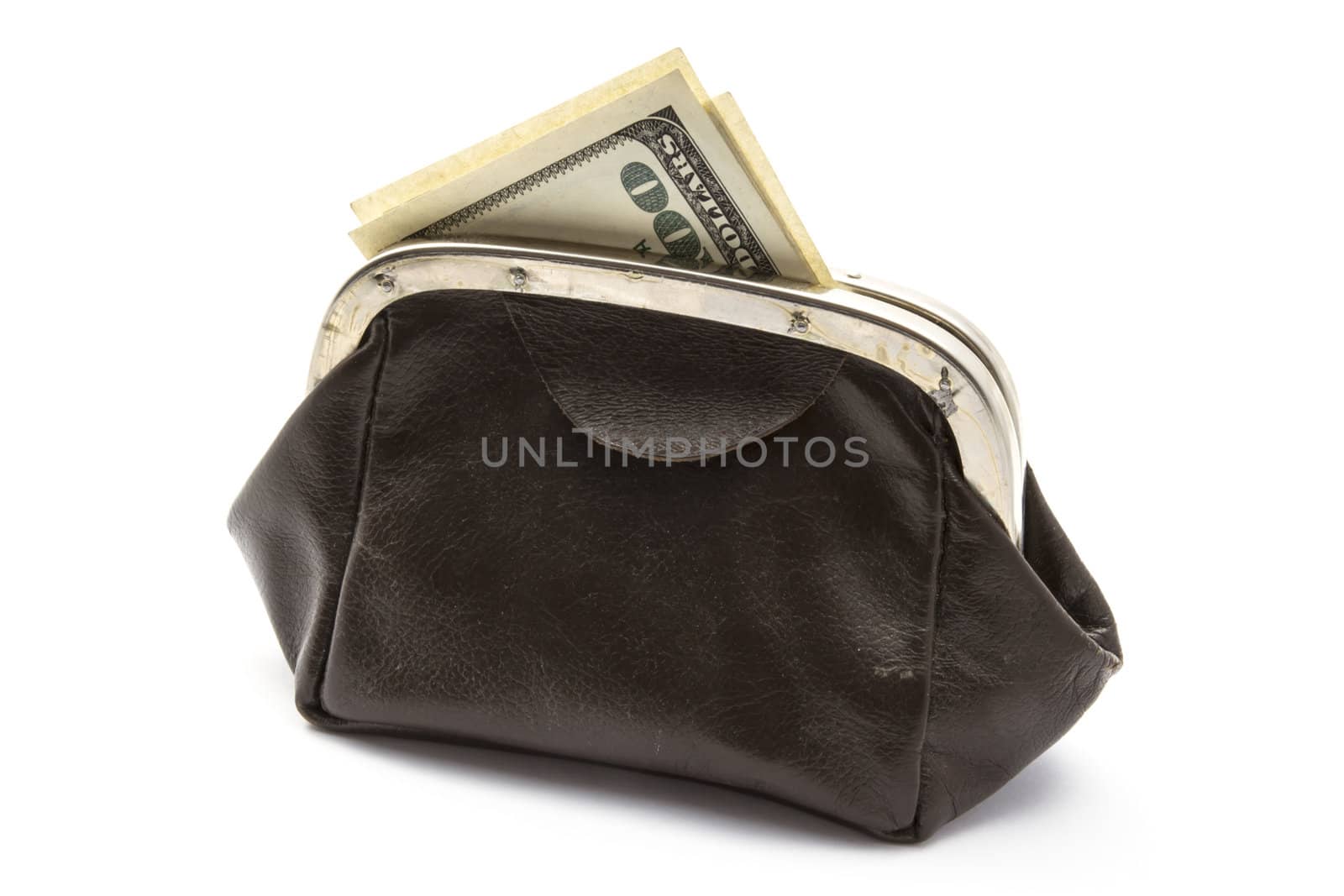 USD in old purse isolated on white background 