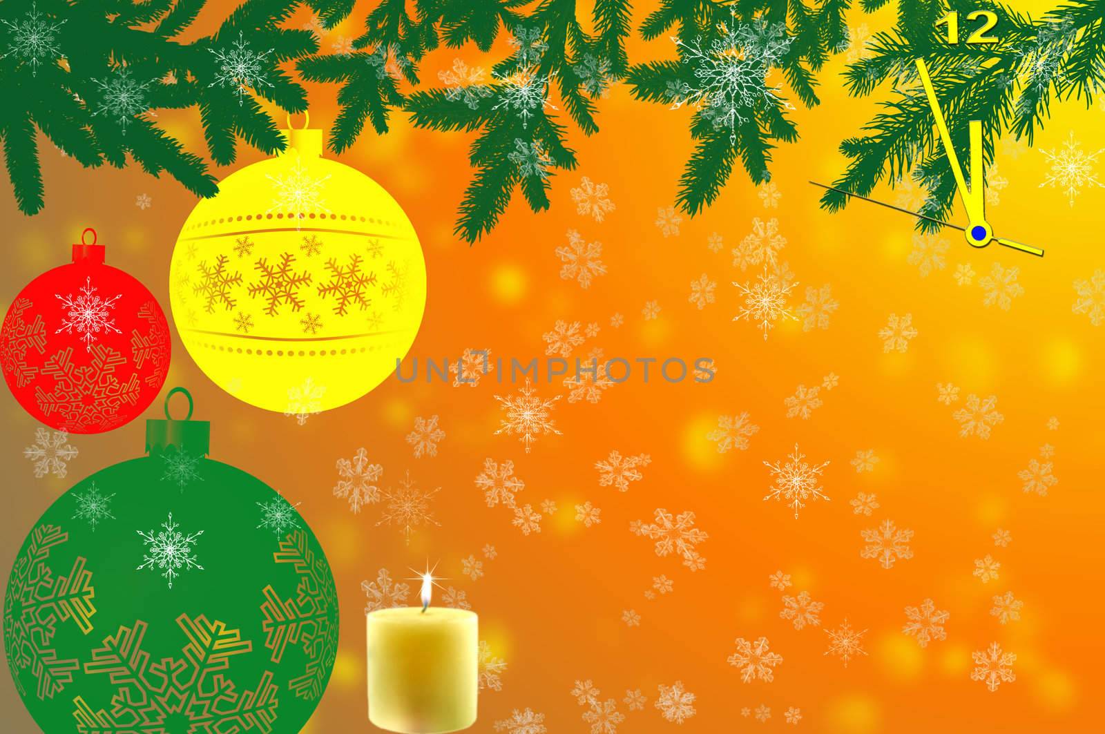 Red; yellow;gren; balls, cone spruce, ice and sprigs to decorate and candles burning for Christmas, against  background