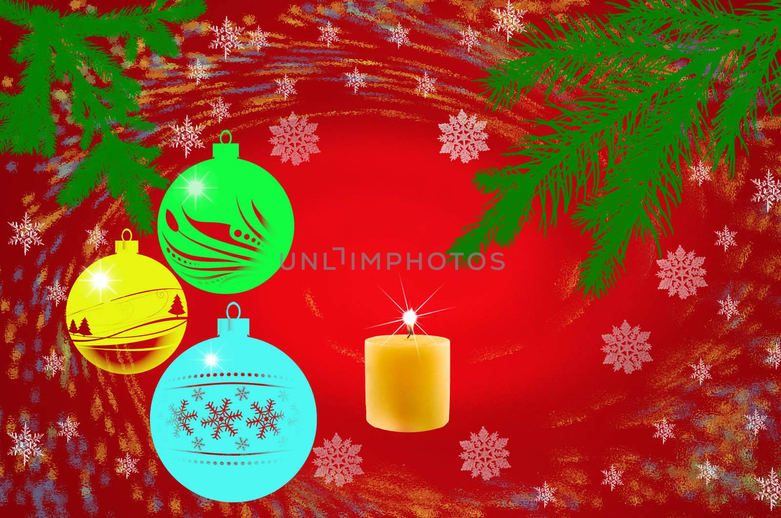 Red; yellow;gren; balls, cone spruce, ice and sprigs to decorate and candles burning for Christmas, against  background