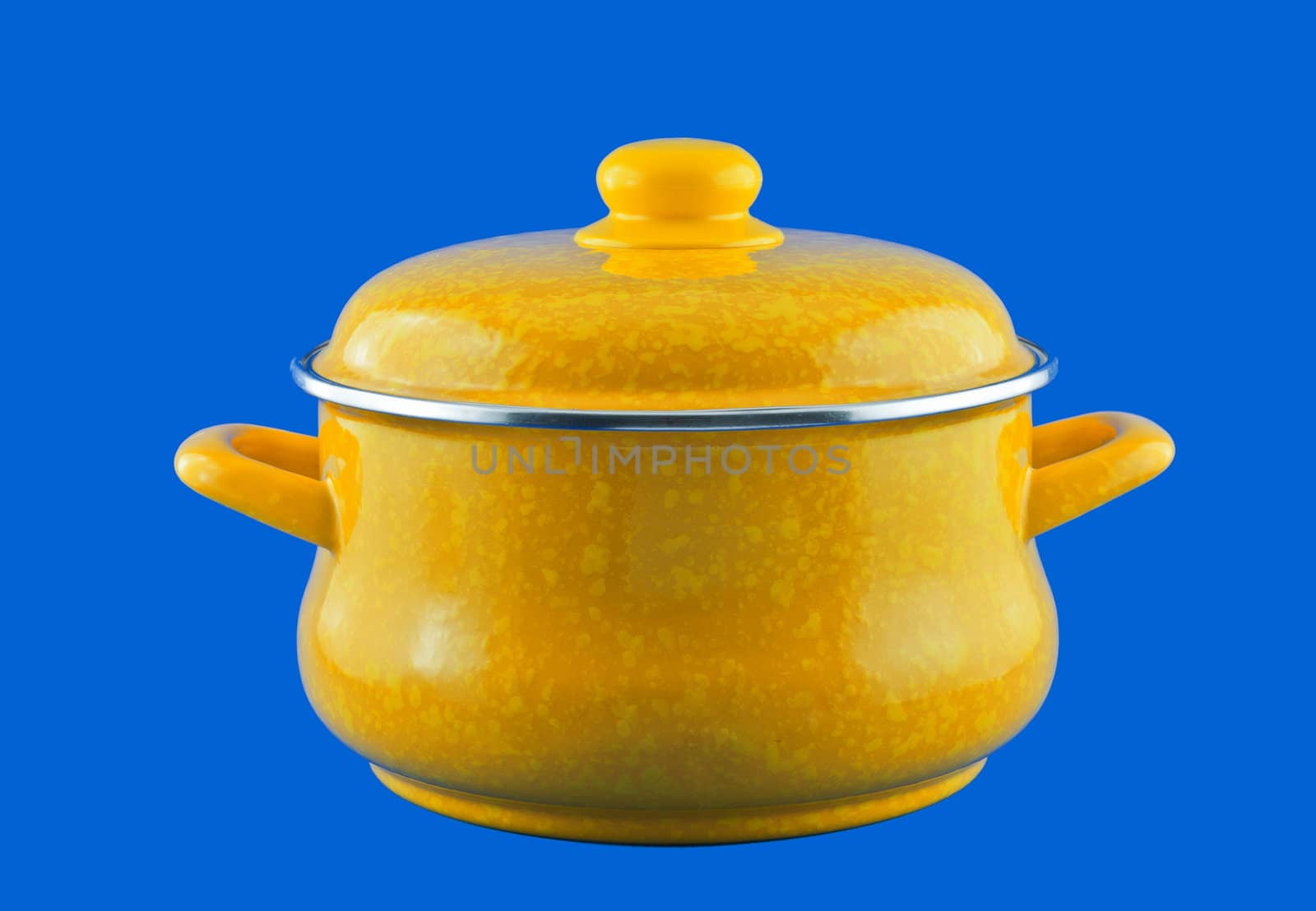 Kitchen utensils, pots Yellow,  against a blue background