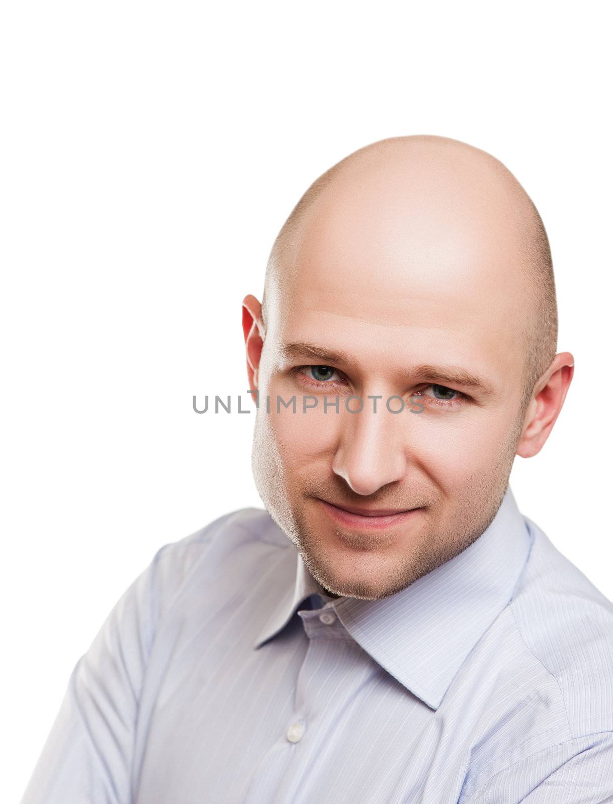 Human alopecia or hair loss - smiling adult man bald head