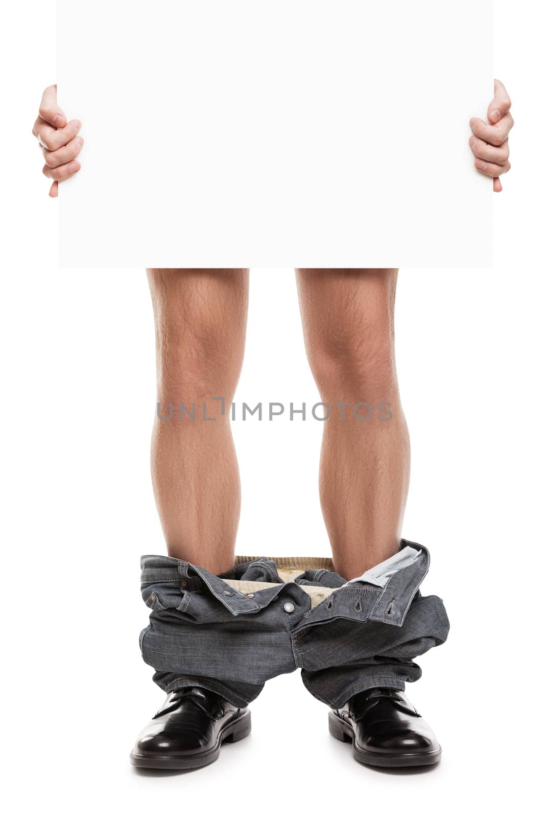 Man with pants down holding blank placard by ia_64