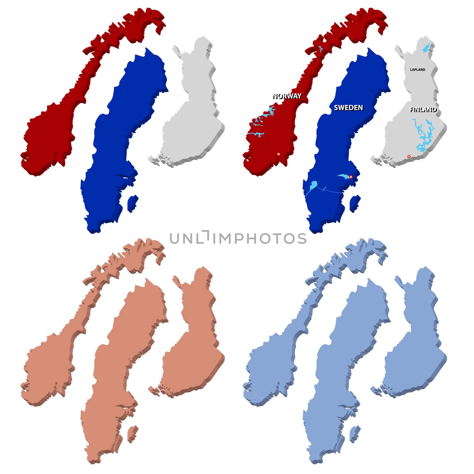 Three vector maps of Norway, Finland and Sweden in 3D