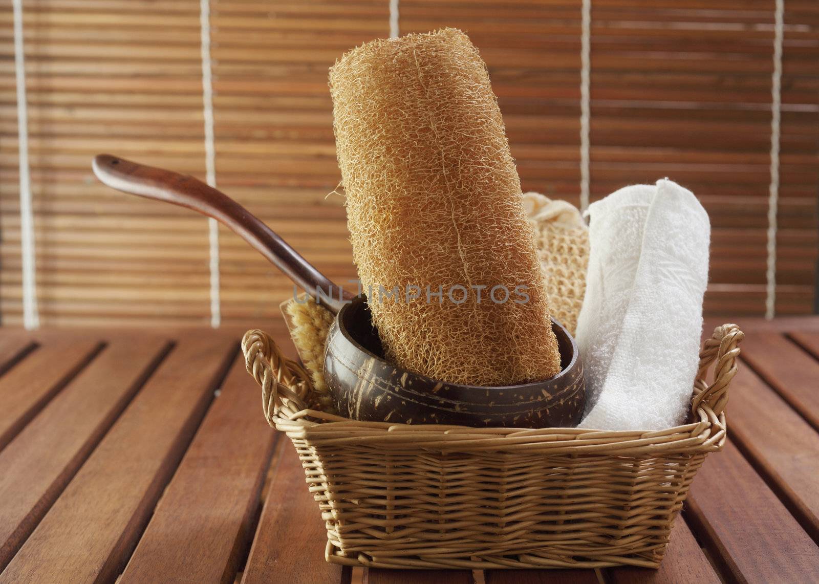 set of the toiletries on the brown table top