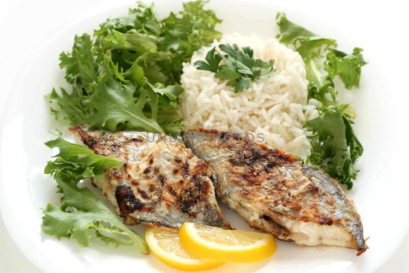fried flounder with lettuce and rice