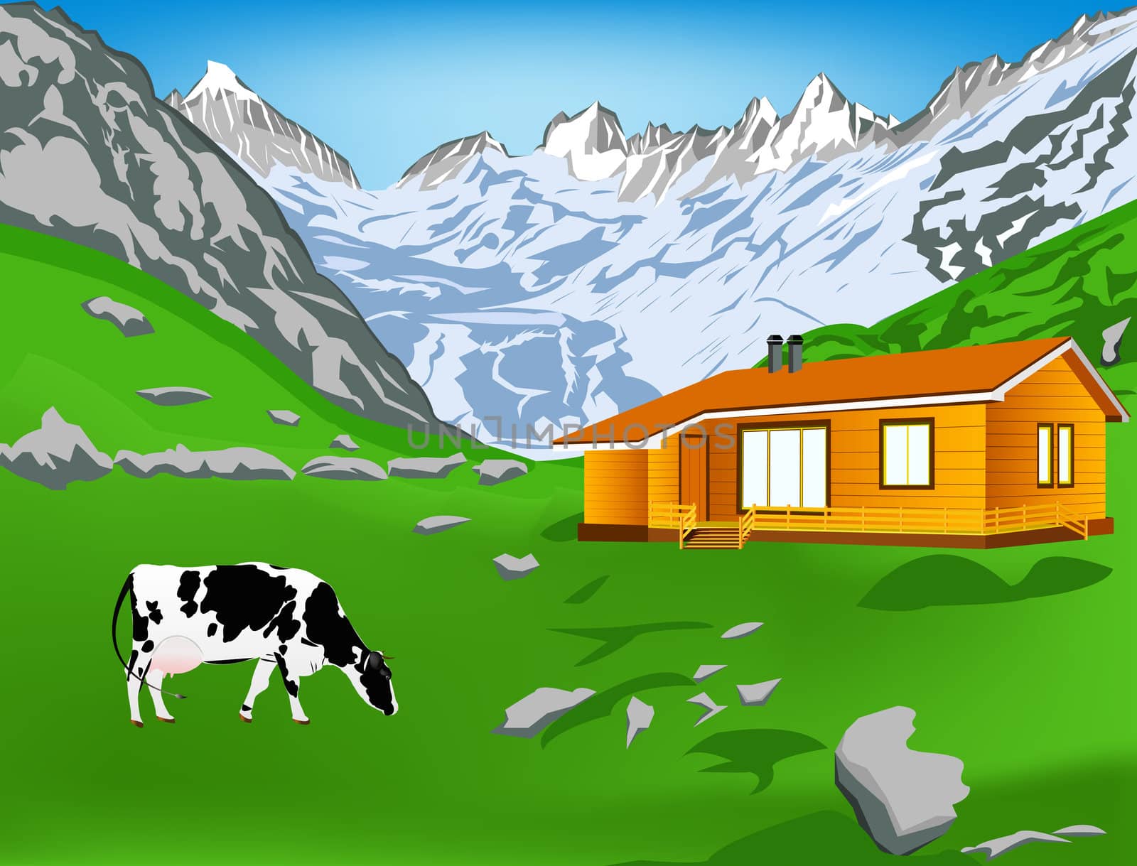 Dairy cow on a alps mountains green meadow.Alps landscape