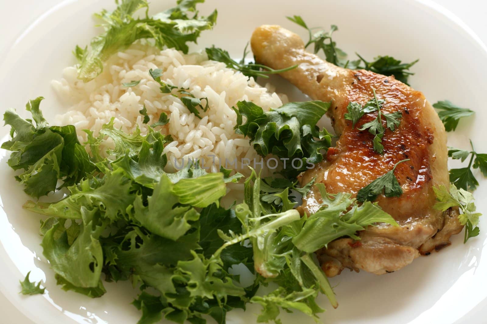 fried chicken with rice and lettuce