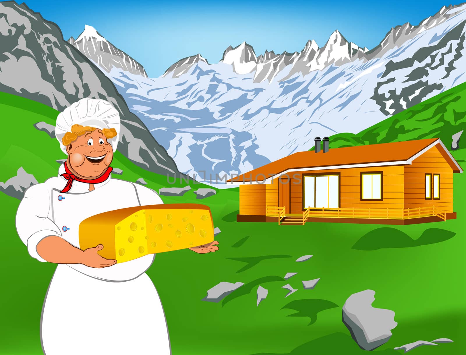 Funny Chef and Natural swiss dairy cheese with alps mountains meadow