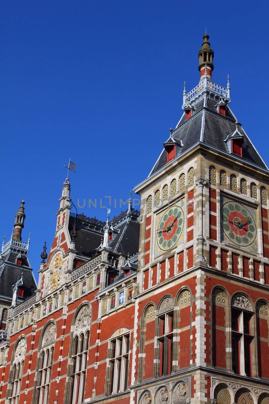 Holland, Amsterdam, view of the Central Railway Station facade 