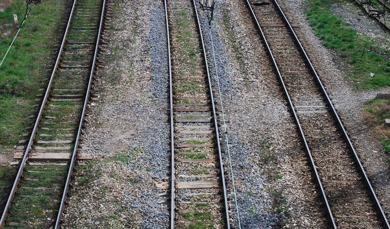 Three parallel railway lines from above view