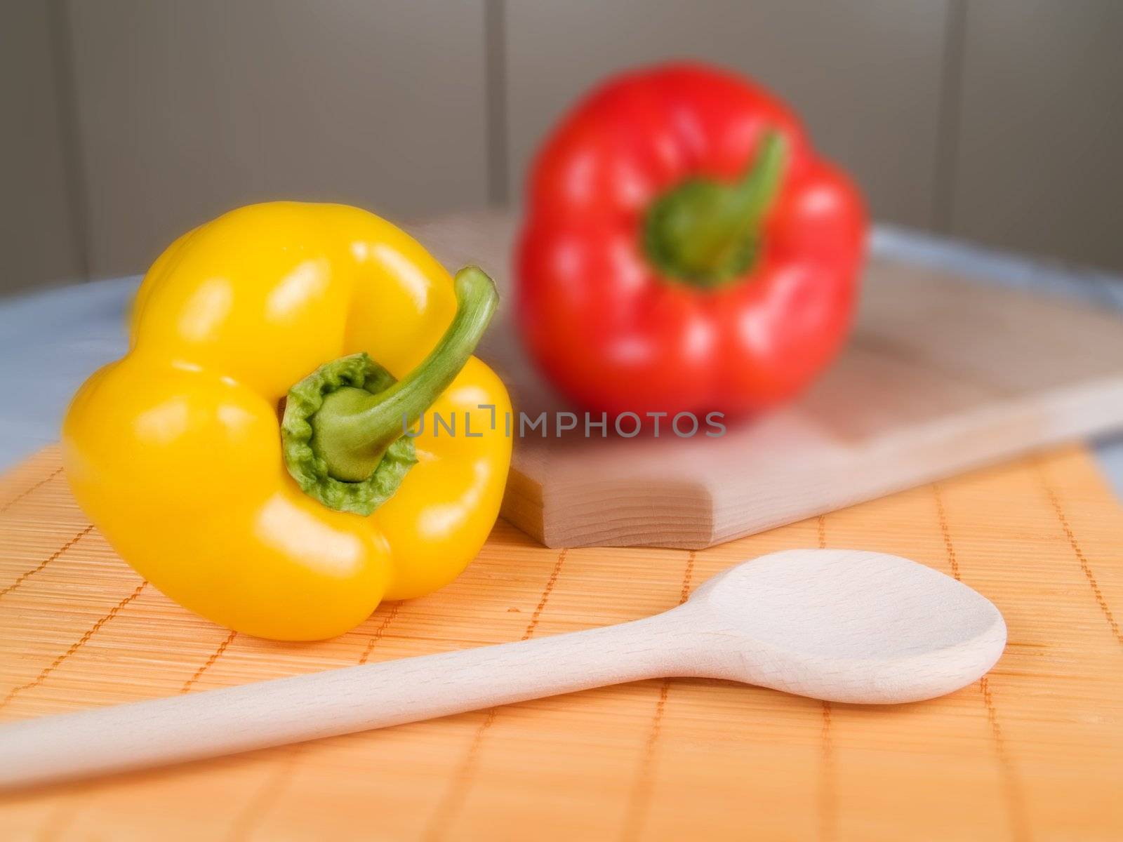 Yellow and red paprika in a kitchen
