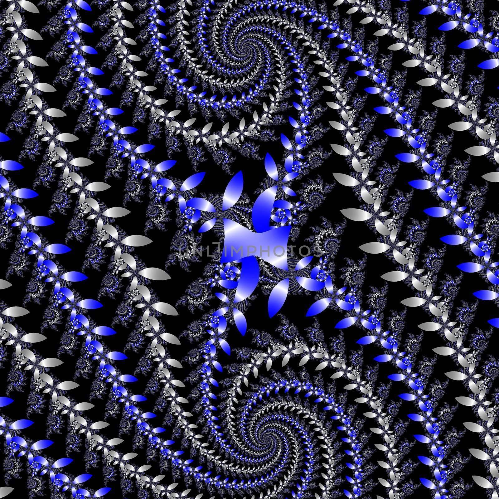 blue and silver fractal flowers forming a spiral
