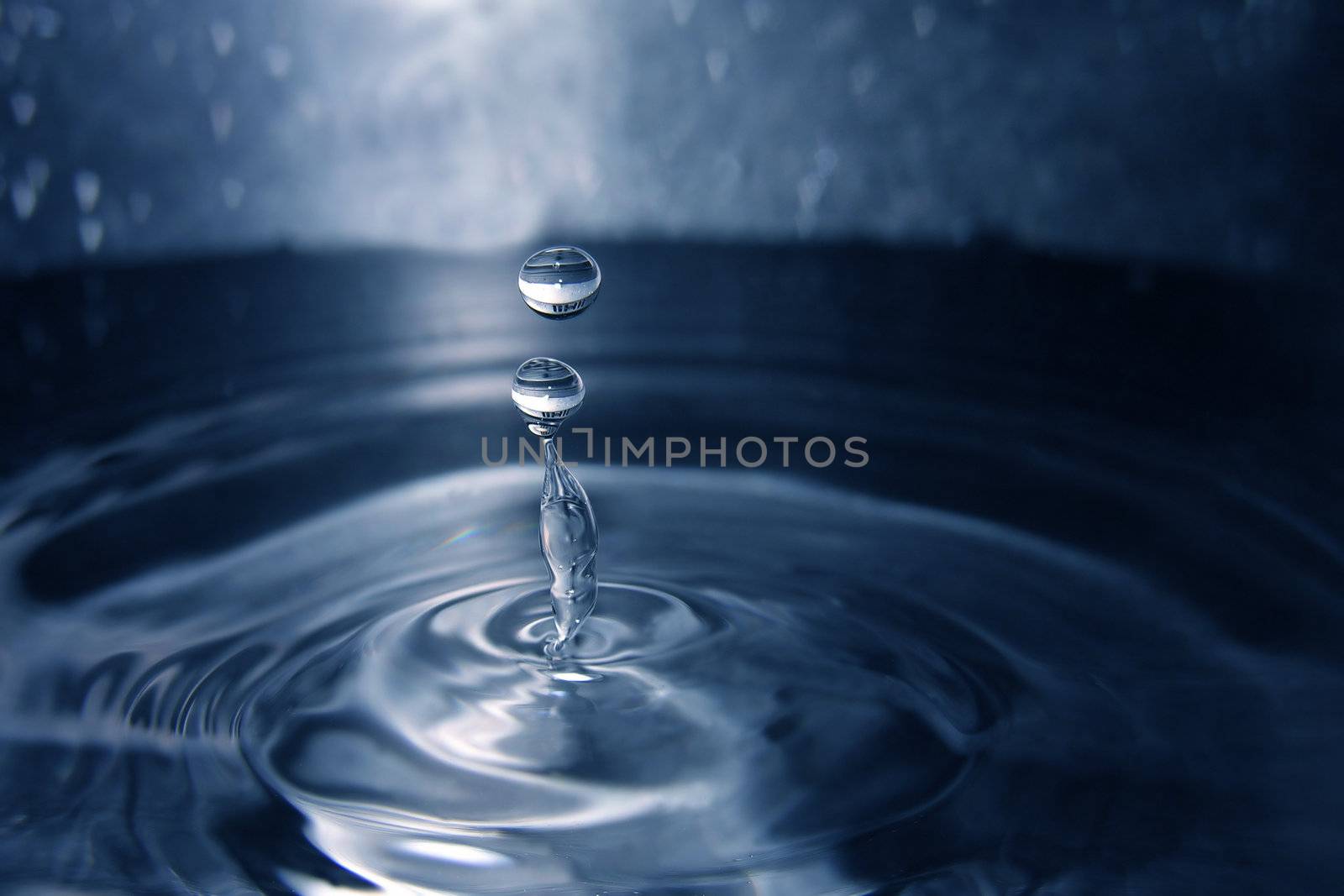 Close up shot of water drops hitting the surface