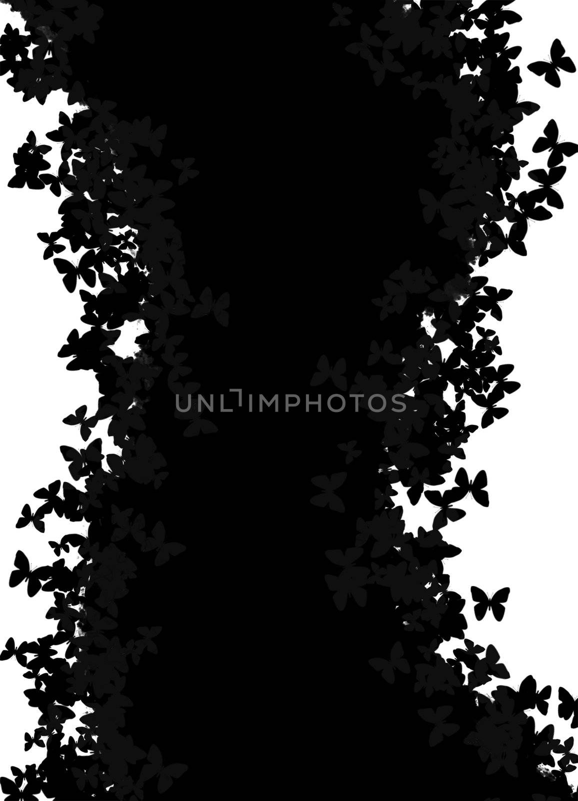 A black and white page layout with butterfly silhouettes.