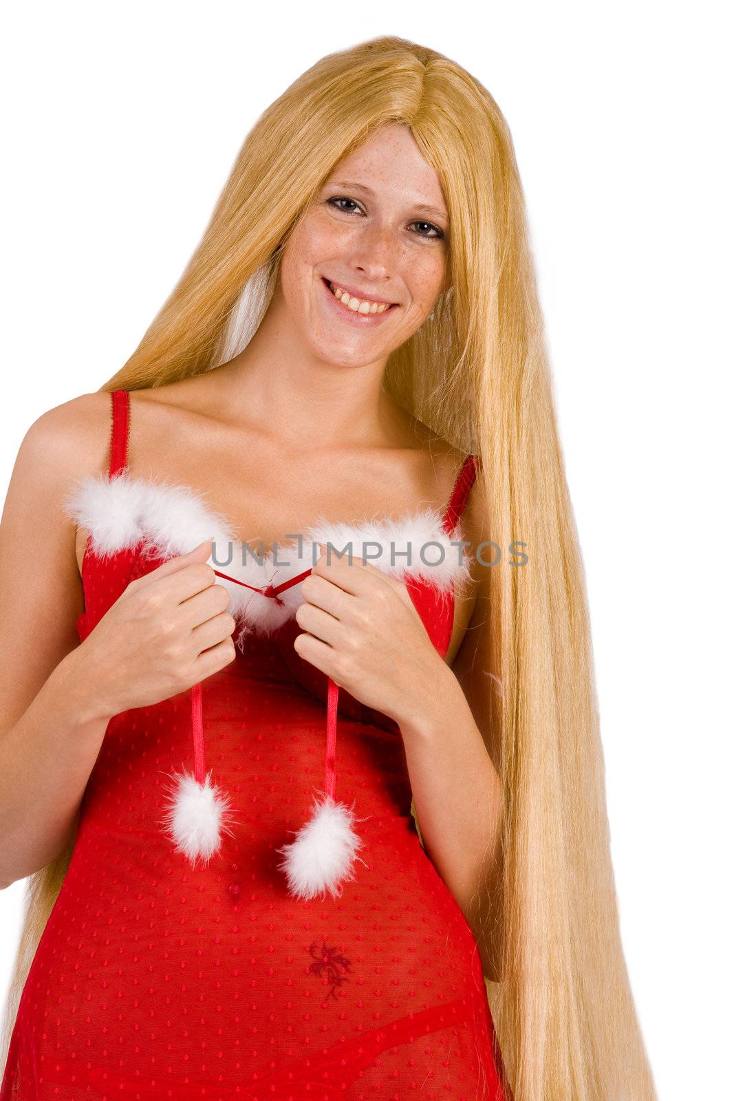 Studio portrait of blond christmas girl with very long blond hair flirting with you