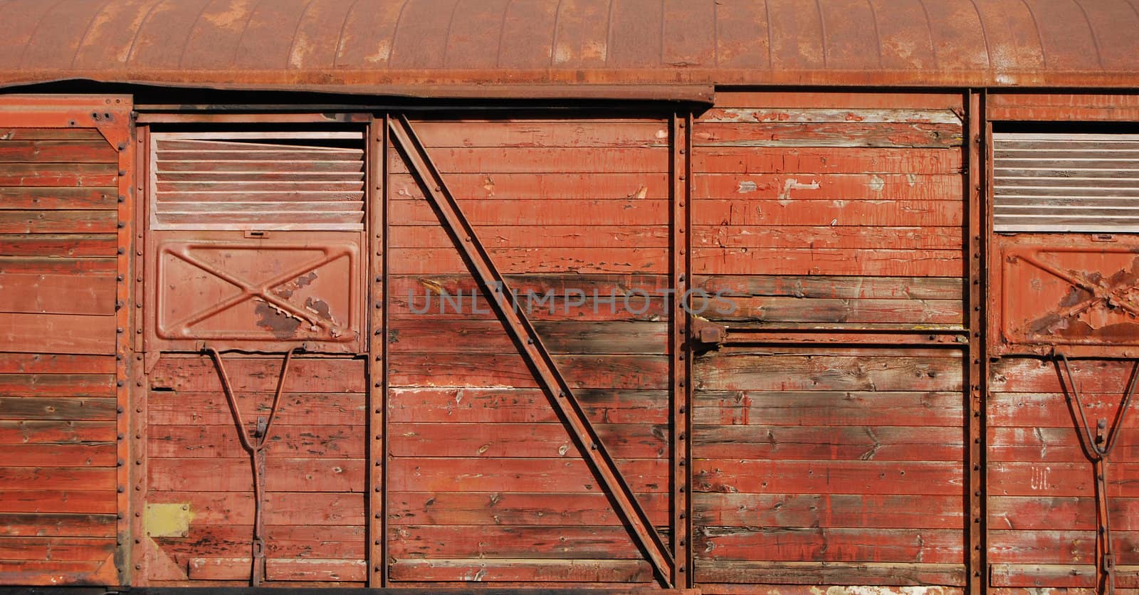 Old covered goods railway wagon wooden side as background