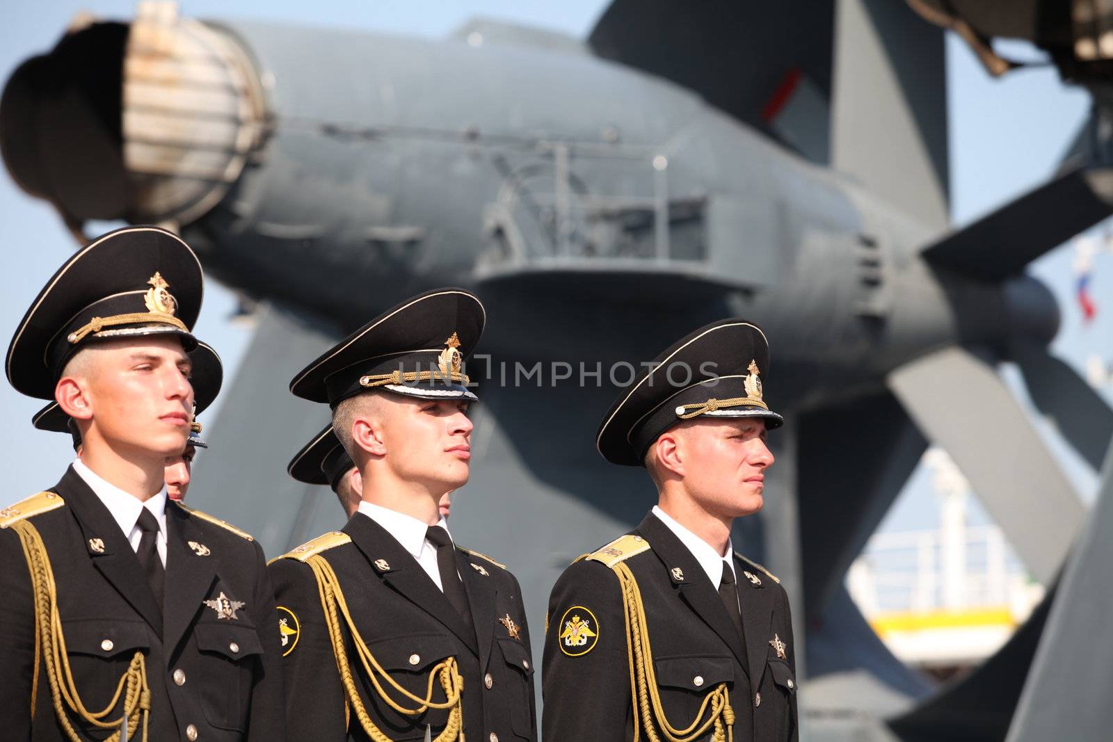 Marine honor guard Russian Navy
against the background of a large amphibious hovercraft