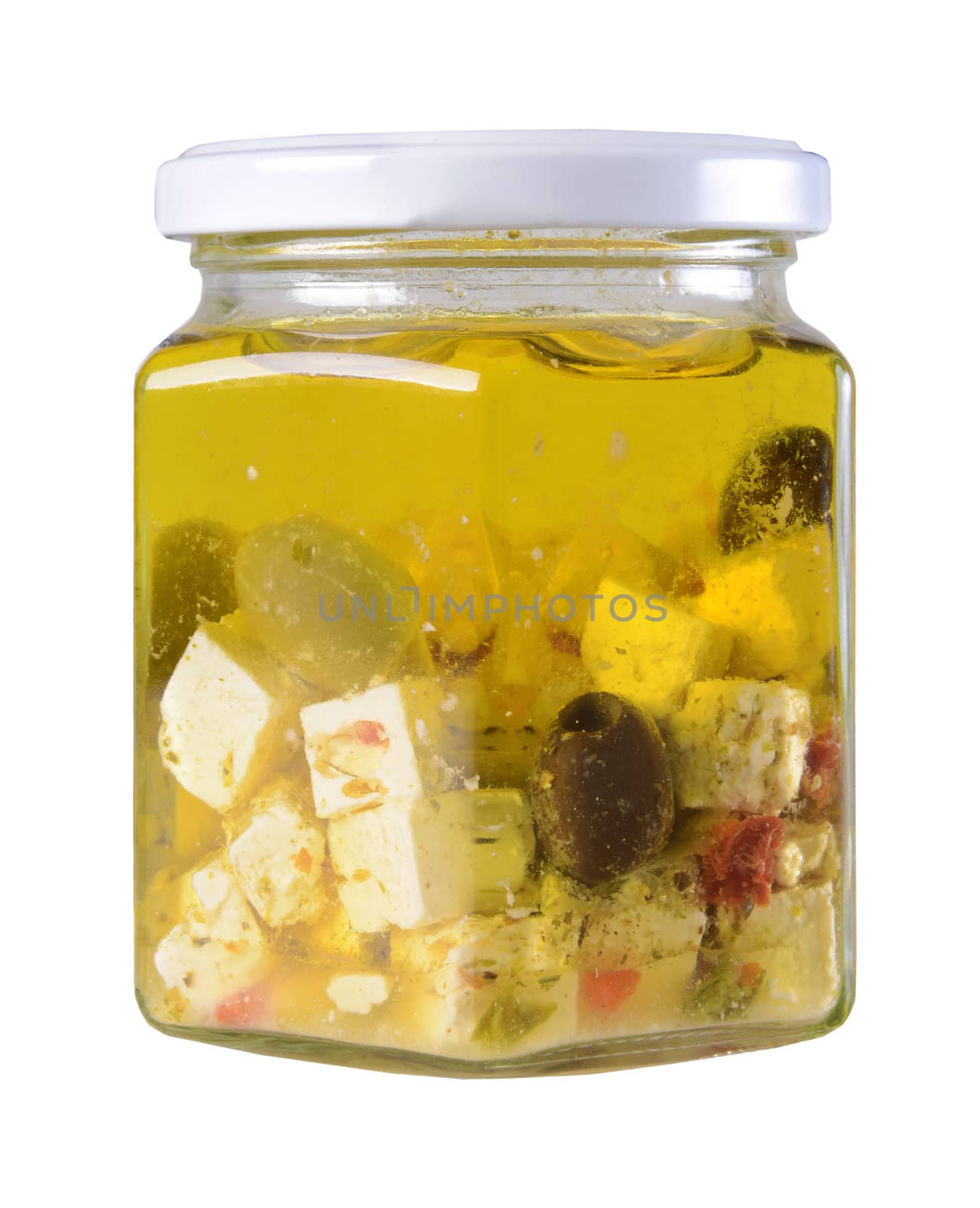 Feta cheese and olives in a jar isolated on white background